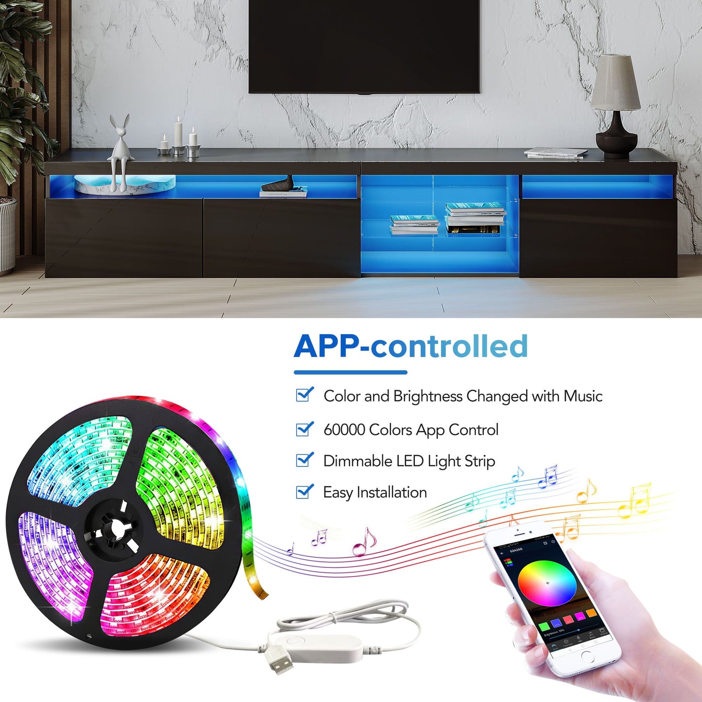 ON-TREND Unique Design TV Stand with 2 Glass Shelves, Ample Storage Space Media Console for TVs Up to 105', Versatile TV Cabinet with LED Color Changing Lights for Living Room, Black