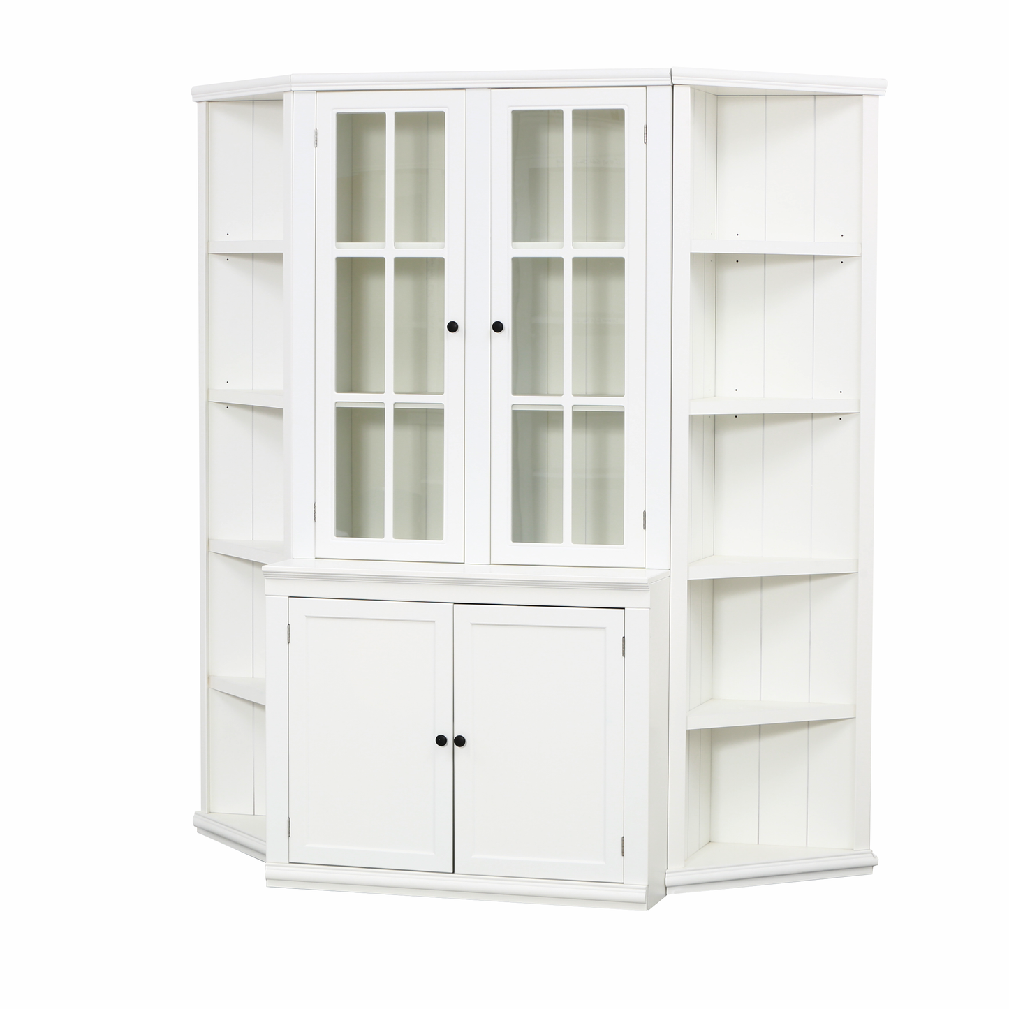75.25'' Tall Display Cabinet and Two Triangle Sided Bookshelves, 69.25'' Wide Retro Style Wall Suit with Glass Doors, for Hallways, Living room, Office, Studio or Workspace - White