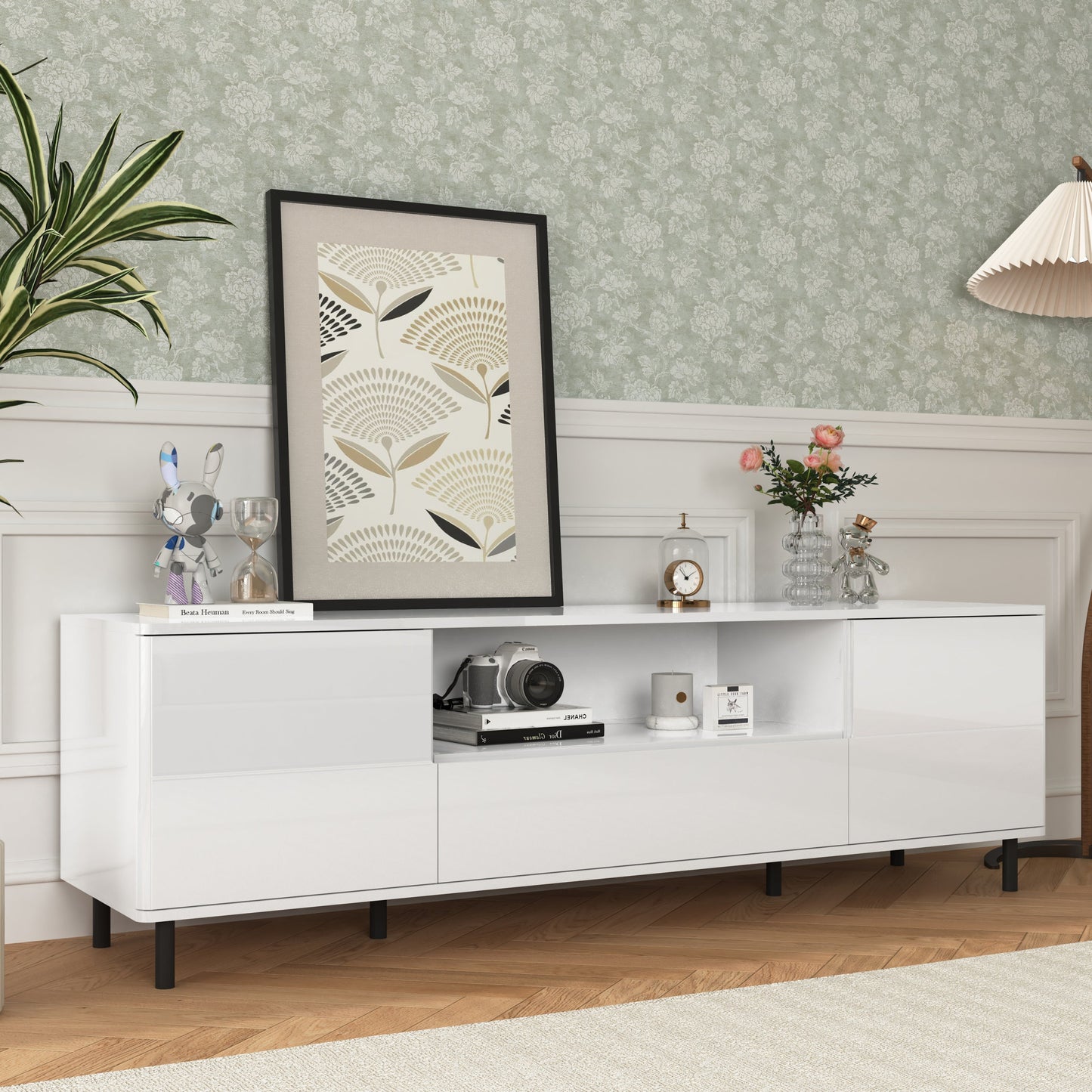 High Gloss Panel Modern TV Console, TV Stand, Entertainment Center with Storage Shelves,TV Cabinet for Living Room, Bedroom, Cloud White 63x15.74x19.68 inch