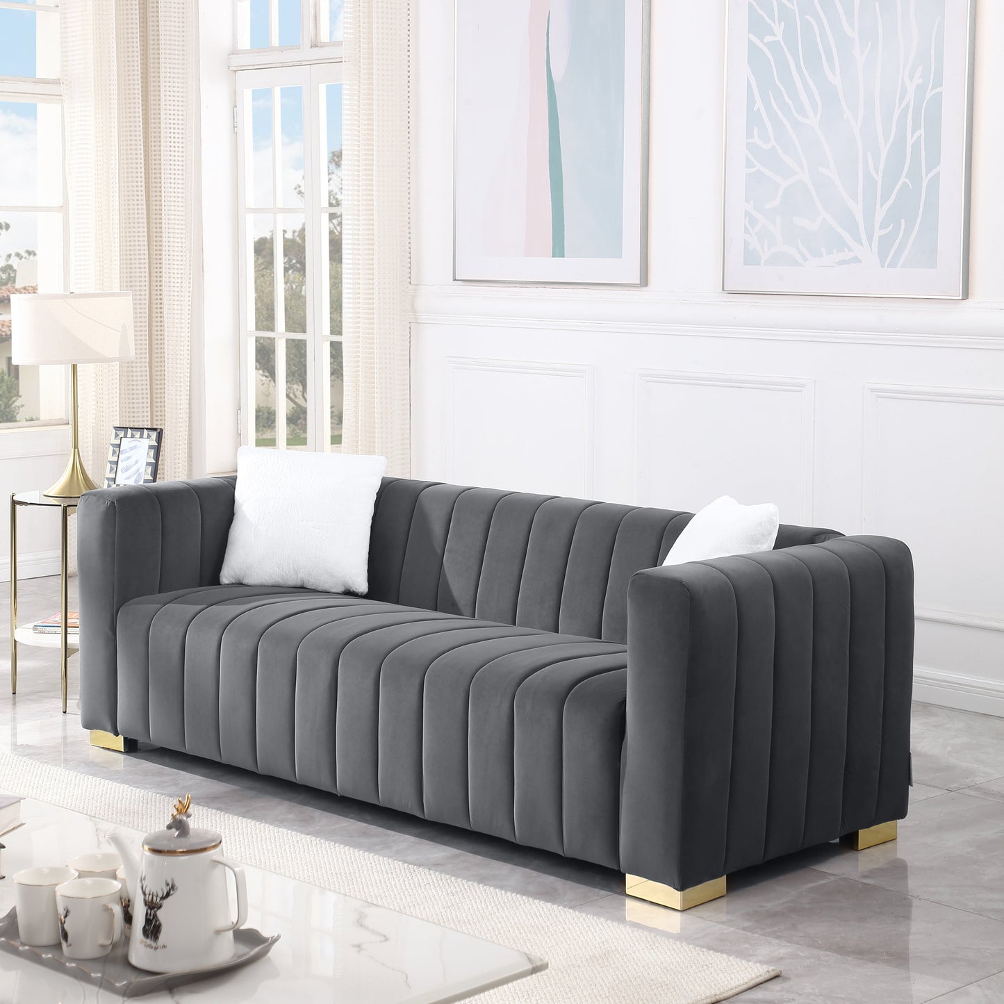 A modern channel sofa take on a traditional Chesterfield,Grey color,3 seater