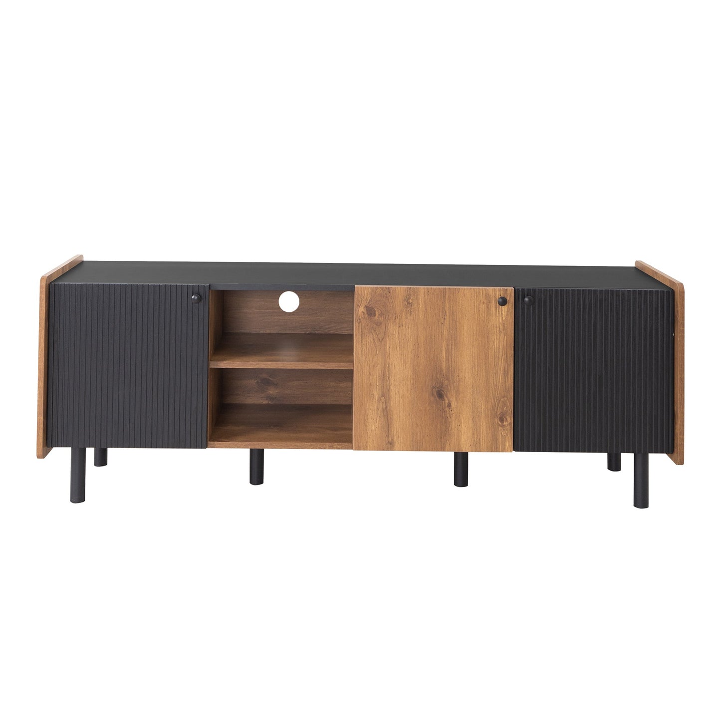 Mid Century TV Stand with 3 Cabinets, Media Console Table for TVs up to 70'', Entertainment Center with Storage for Living room, Bedroom, Black Color Top Panel & Handle