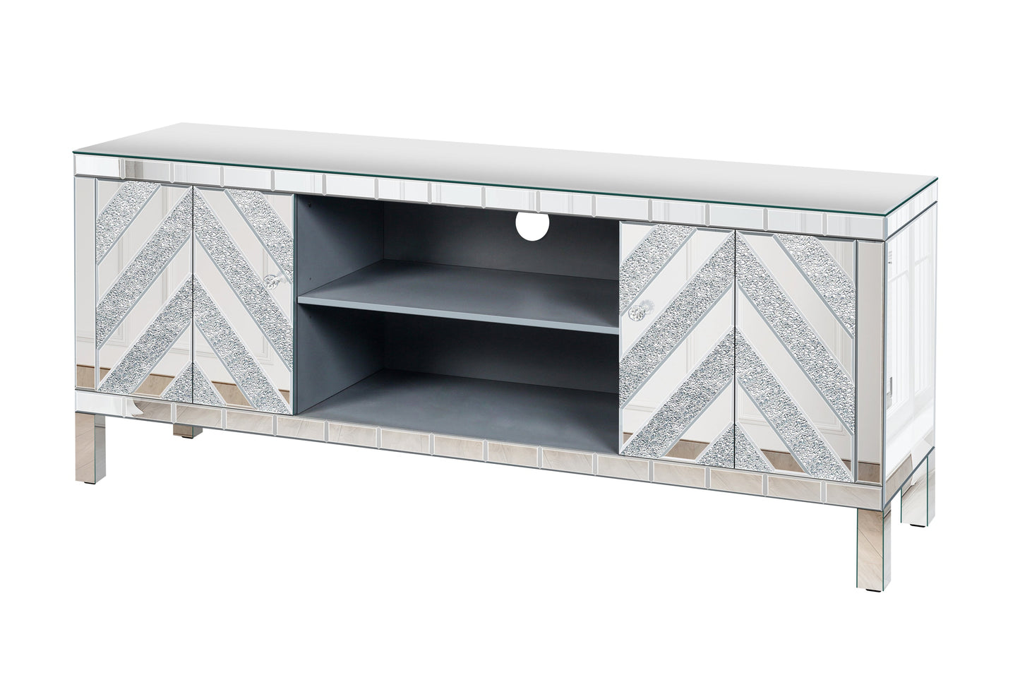 Mirrored TV Stand for 65+ inch TV,Sliver TV Console Table with Open Storage & 2 Storage Cabinets ,M Shape Sparkling Mirror Doors for Living Room(59''W x 25.2''H x 15.7D)