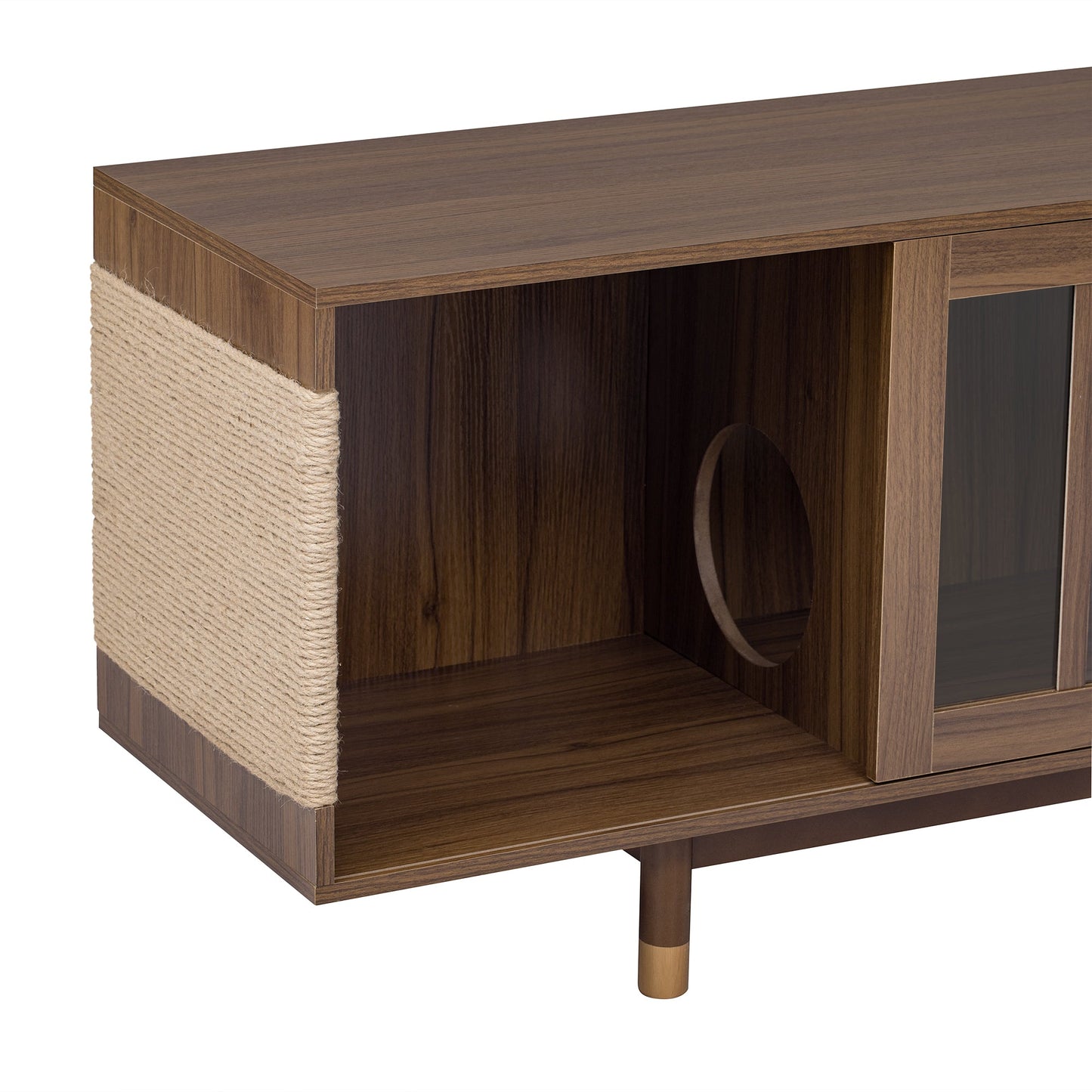Mid-Century Modern style 2 IN 1 Cat Furniture Walnut TV STAND with Cat Scratcher, Cat house With Sliding Flip-down glass door
