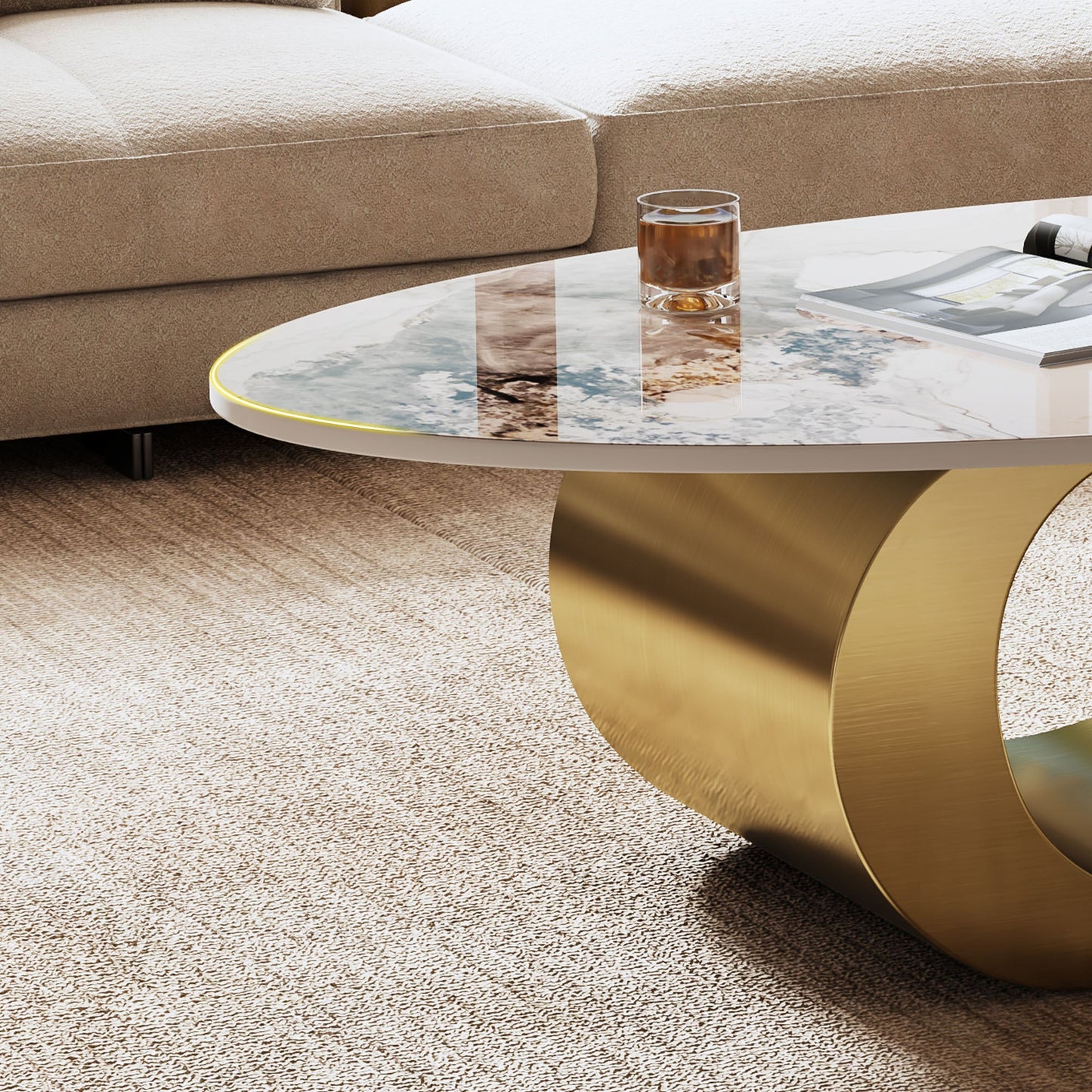 49.2' Faux Marble Oval Coffee Table, Contemporary Gold Stainless Steel Base, Modern Center Table for Living Room