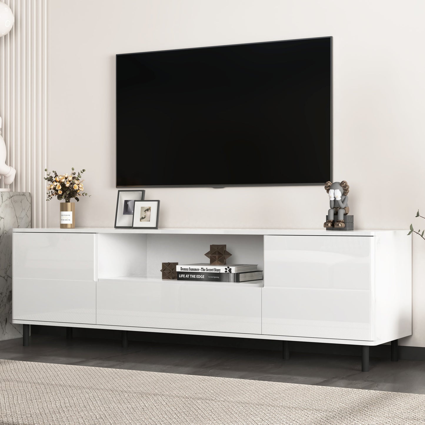 High Gloss Panel Modern TV Console, TV Stand, Entertainment Center with Storage Shelves,TV Cabinet for Living Room, Bedroom, Cloud White 63x15.74x19.68 inch