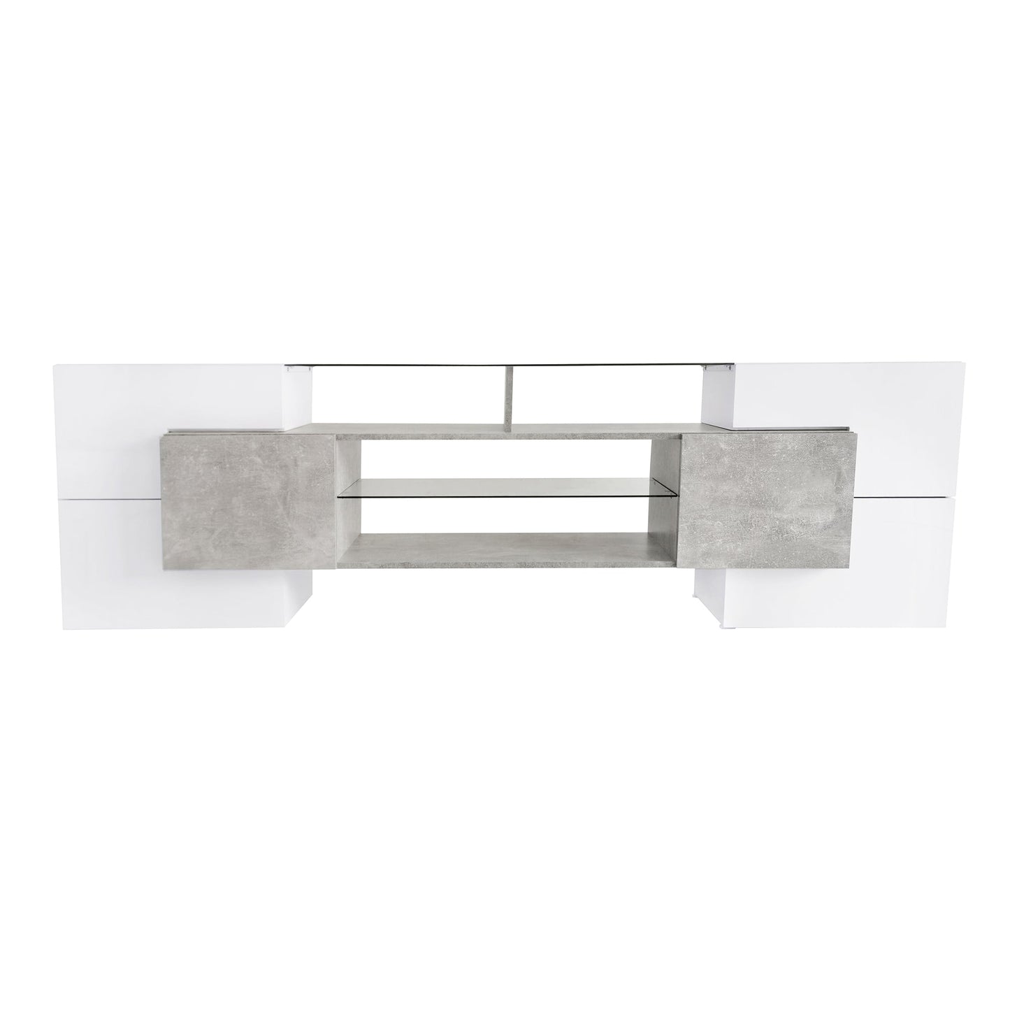 ON-TREND Unique Shape TV Stand with 2 Illuminated Glass Shelves, High Gloss Entertainment Center for TVs Up to 88', Versatile TV Cabinet with LED Color Changing Lights for Living Room, Grey
