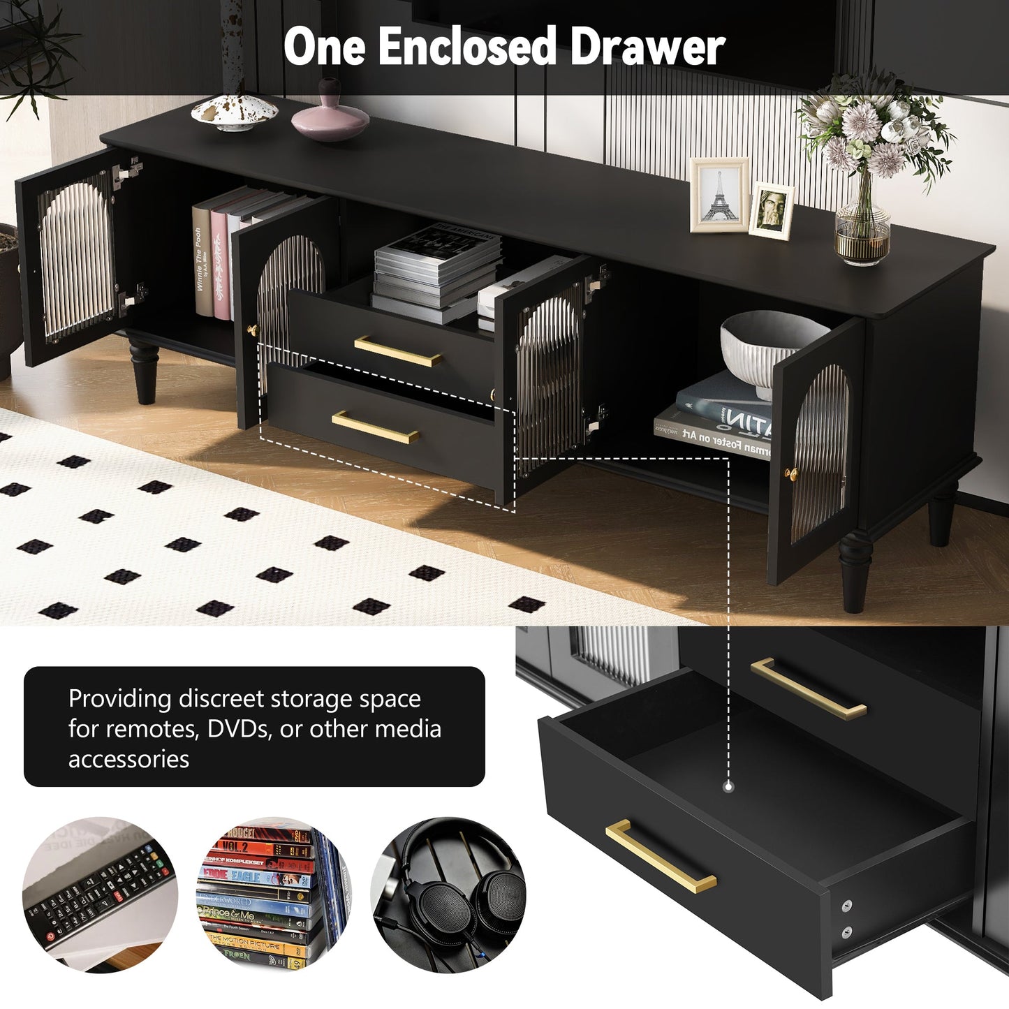 U-Can 68.9'' Retro TV Stand for TVs up to 75 Inches, Entertainment Center Media Console with Fluted Glass Doors and Five Solid Wood Legs for Living room(OLD SKU:N724P198468B)