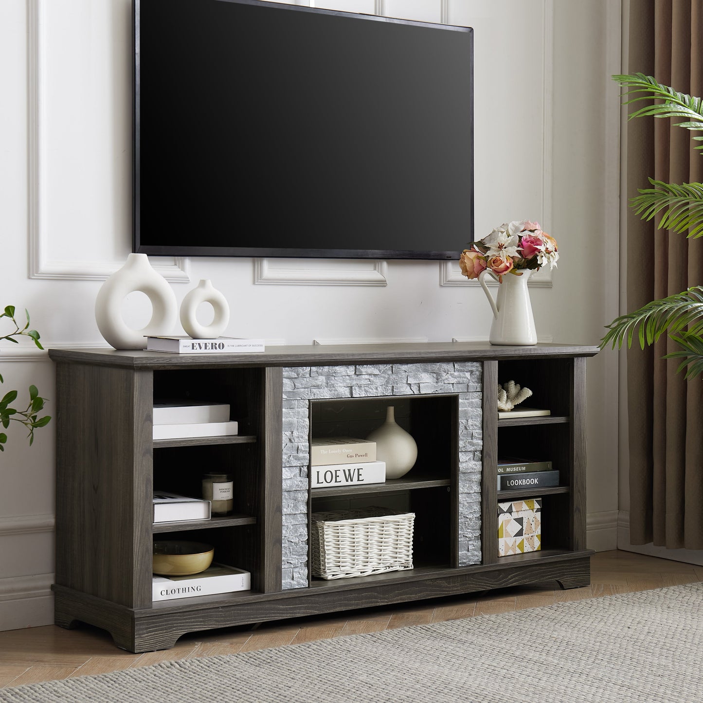 Mantel Stone TV Media Stand with with Faux Stacked Stone Surround, Modern Entertainment Console with Open Storage Space,Grey, 58.31'W*15.39'D*26.06'H