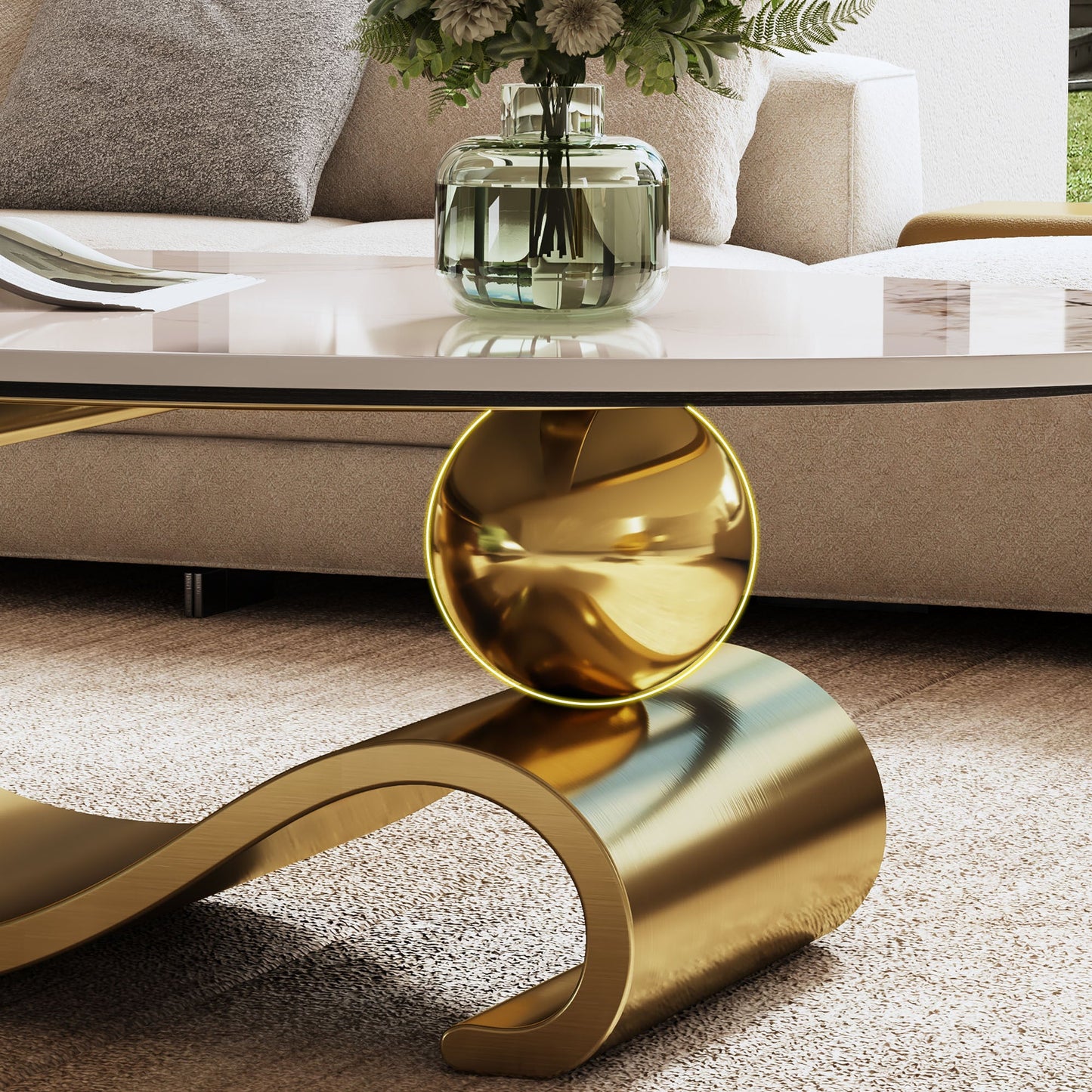 49.2' Faux Marble Oval Coffee Table, Contemporary Gold Stainless Steel Base, Modern Center Table for Living Room