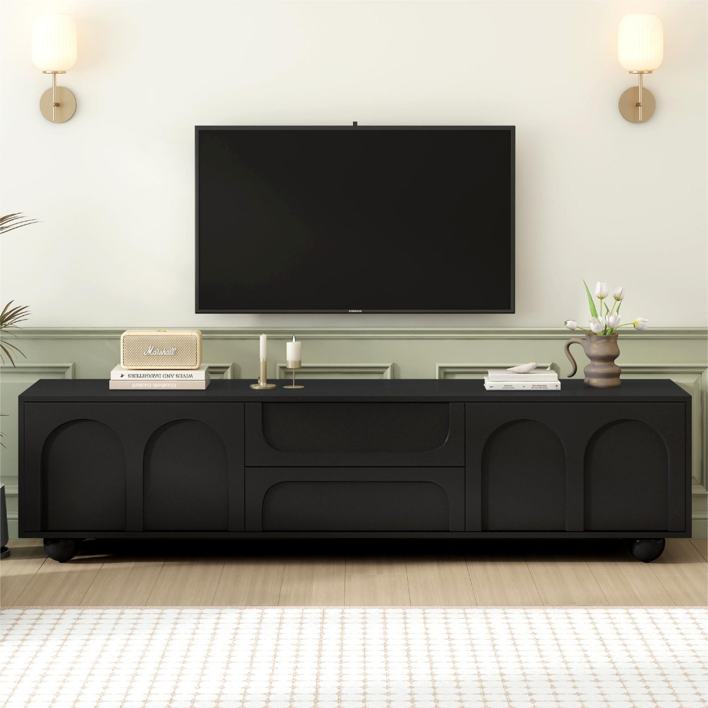 ON-TREND Cream Style TV Stand with Arched Doors & 2 Drawers for TVs up to 75', Minimalist Media Console with Rebound Device, Entertainment Center with 5 Iron Round Legs for Living Room, Bedroom, Black