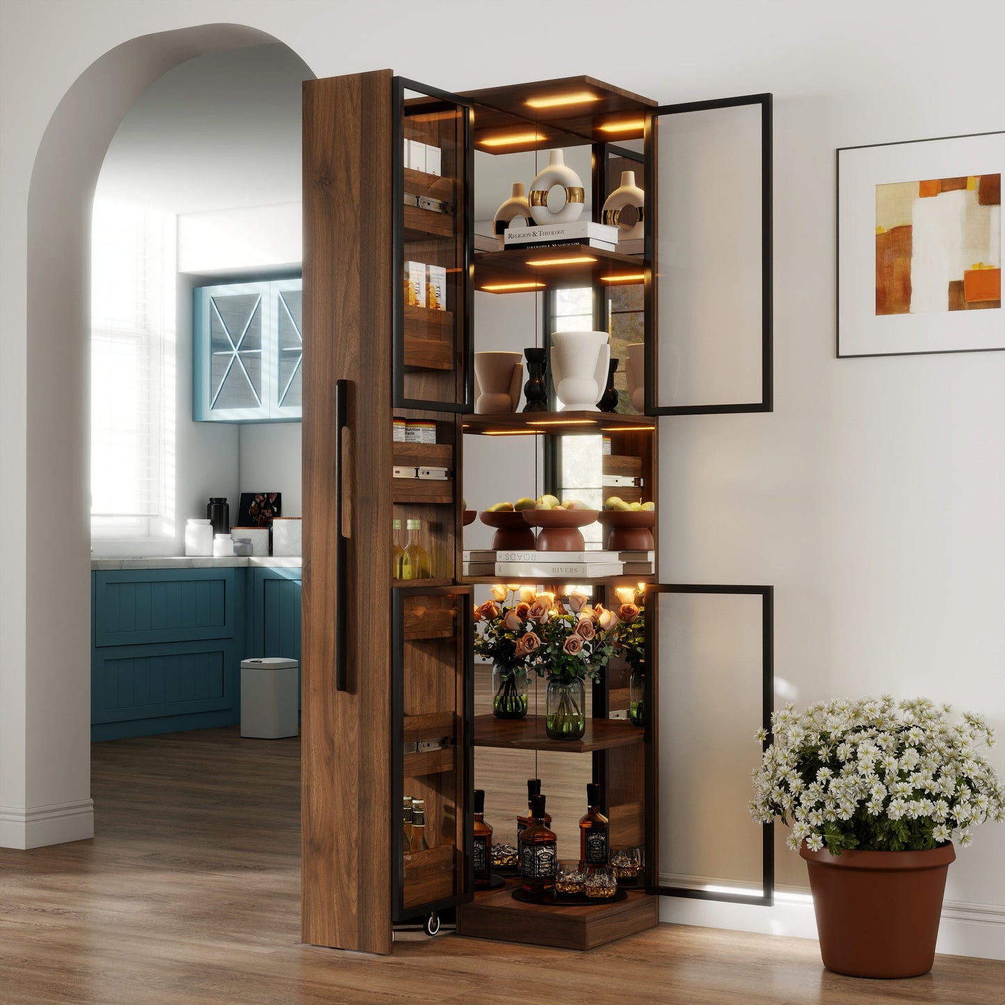 70' Display Cabinet with Glass Doors and Lights, with multi-functional pull-out multi-tier storage shelf , Wooden Display Storage Cabinets