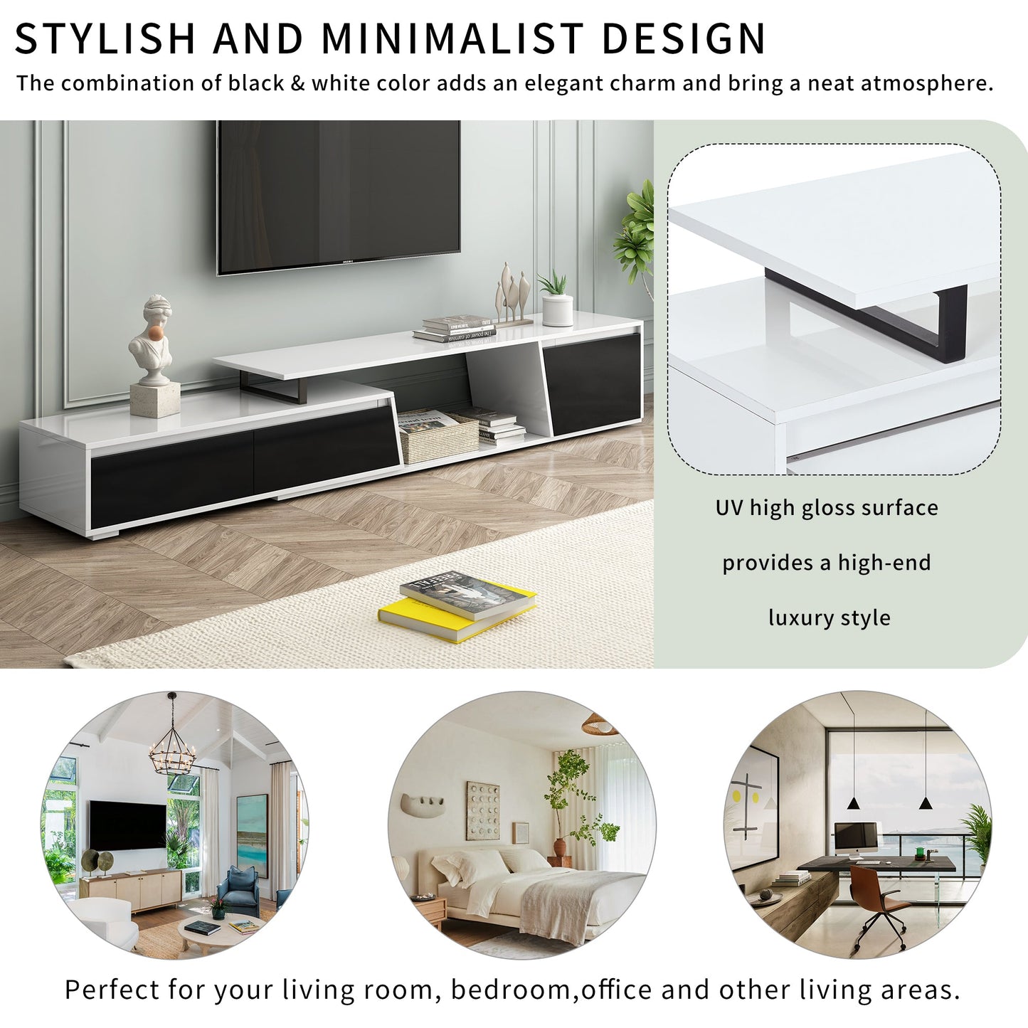 U-Can Modern, Minimalist Rectangle Extendable TV Stand, TV Cabinet with 2 Drawers and 1 Cabinet for Living Room, Up to 100''