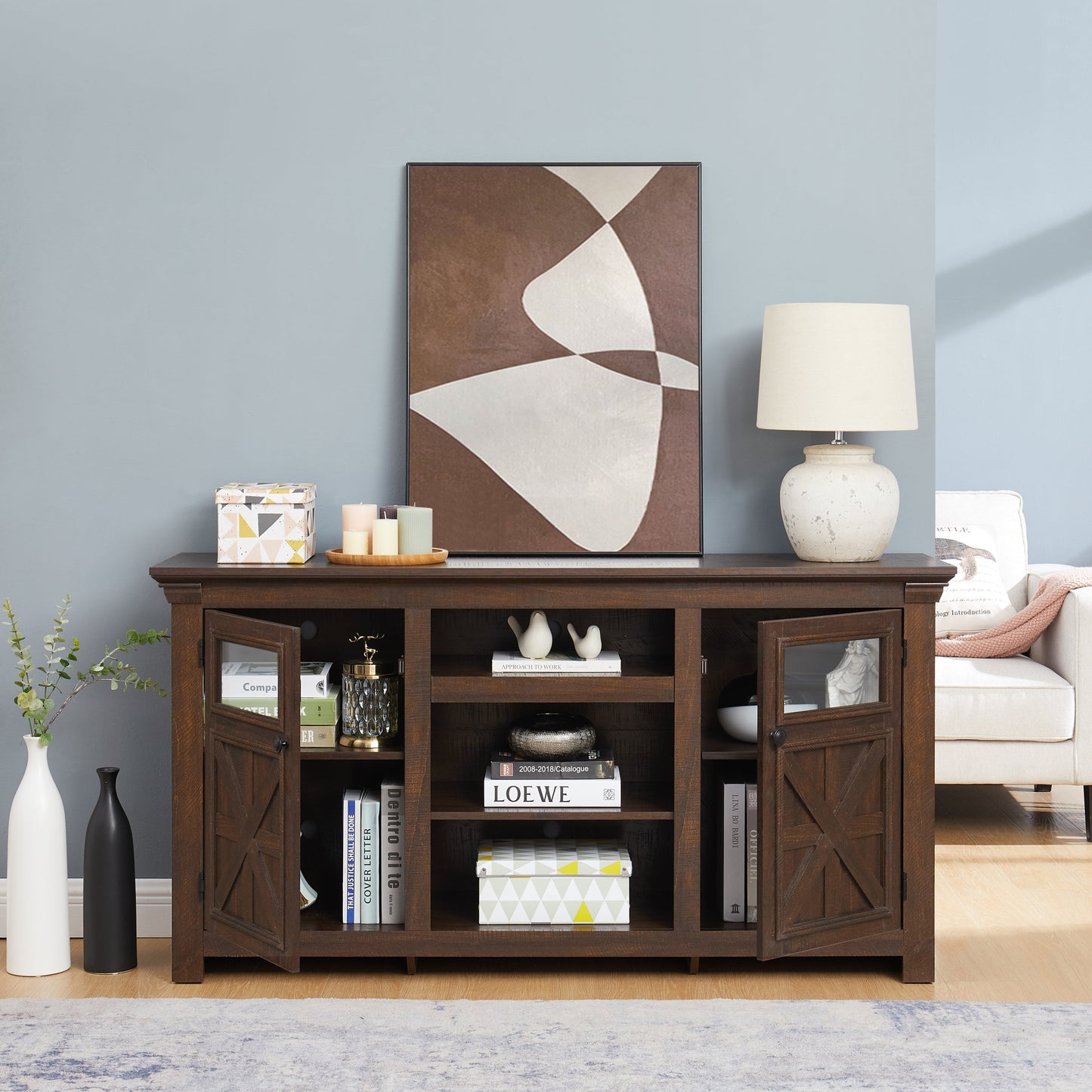 2 Doors Cabinet Farmhouse Cabinet, Farmhouse TV Stand Barn Design,Modern Farmhouse TV Media Stand, Large Barn Inspired Home Entertainment Console,Espresso, 60.23'W*15.35'D*31.7'H