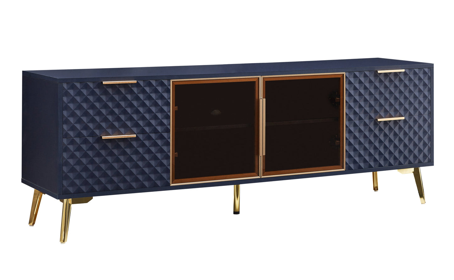 Deluxe Sculpted Modern Fashion Geometric Style TV Stand, Aluminum Frame Tempered Glass Door 4 Drawer Chest with Adjustable Metal Feet ,Dark Blue,59.9'L x 15.7'W x 21.7'H