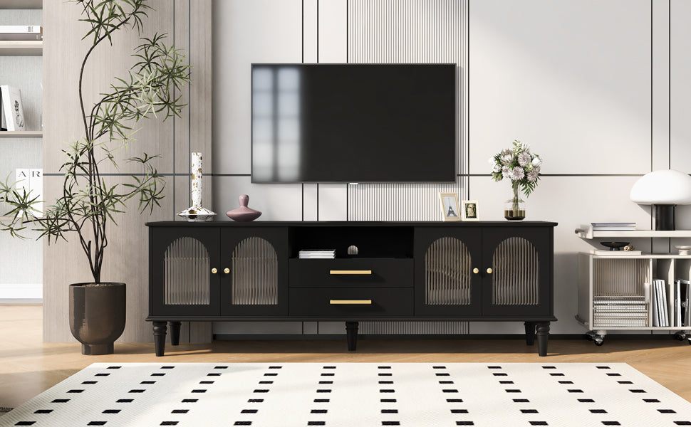 U-Can 68.9'' Retro TV Stand for TVs up to 75 Inches, Entertainment Center Media Console with Fluted Glass Doors and Five Solid Wood Legs for Living room(OLD SKU:N724P198468B)