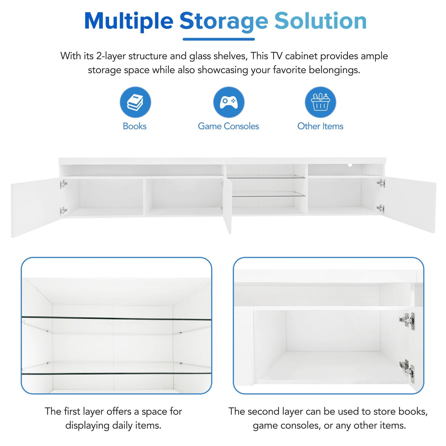 ON-TREND Unique Design TV Stand with 2 Glass Shelves, Ample Storage Space Media Console for TVs Up to 105', Versatile TV Cabinet with LED Color Changing Lights for Living Room, White