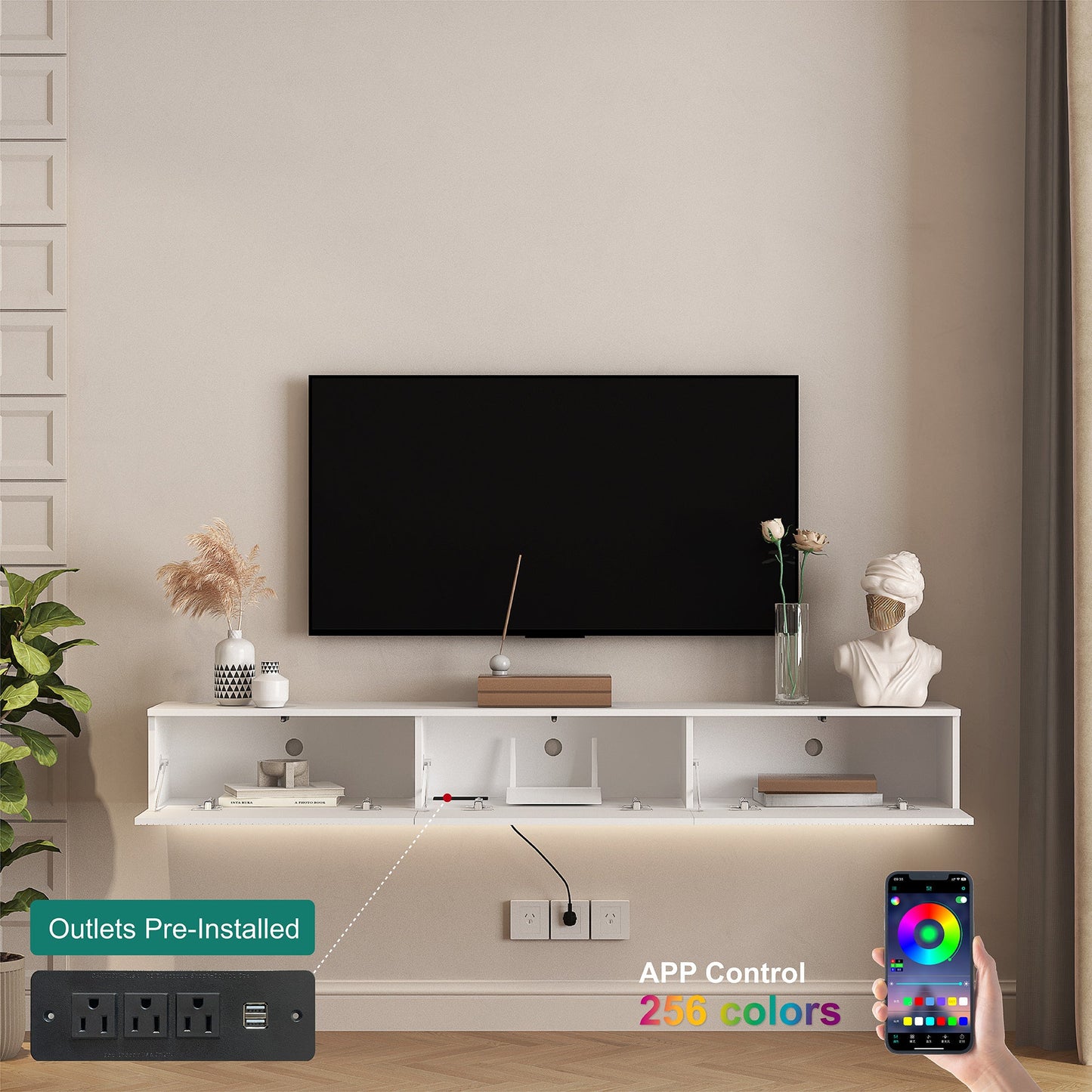 Floating TV Stand Wall Mounted with 16 Color LEDs,69' Modern TV Stand, Floating TV Cabinet Entertainment Center for 55 60 65 Inch TV