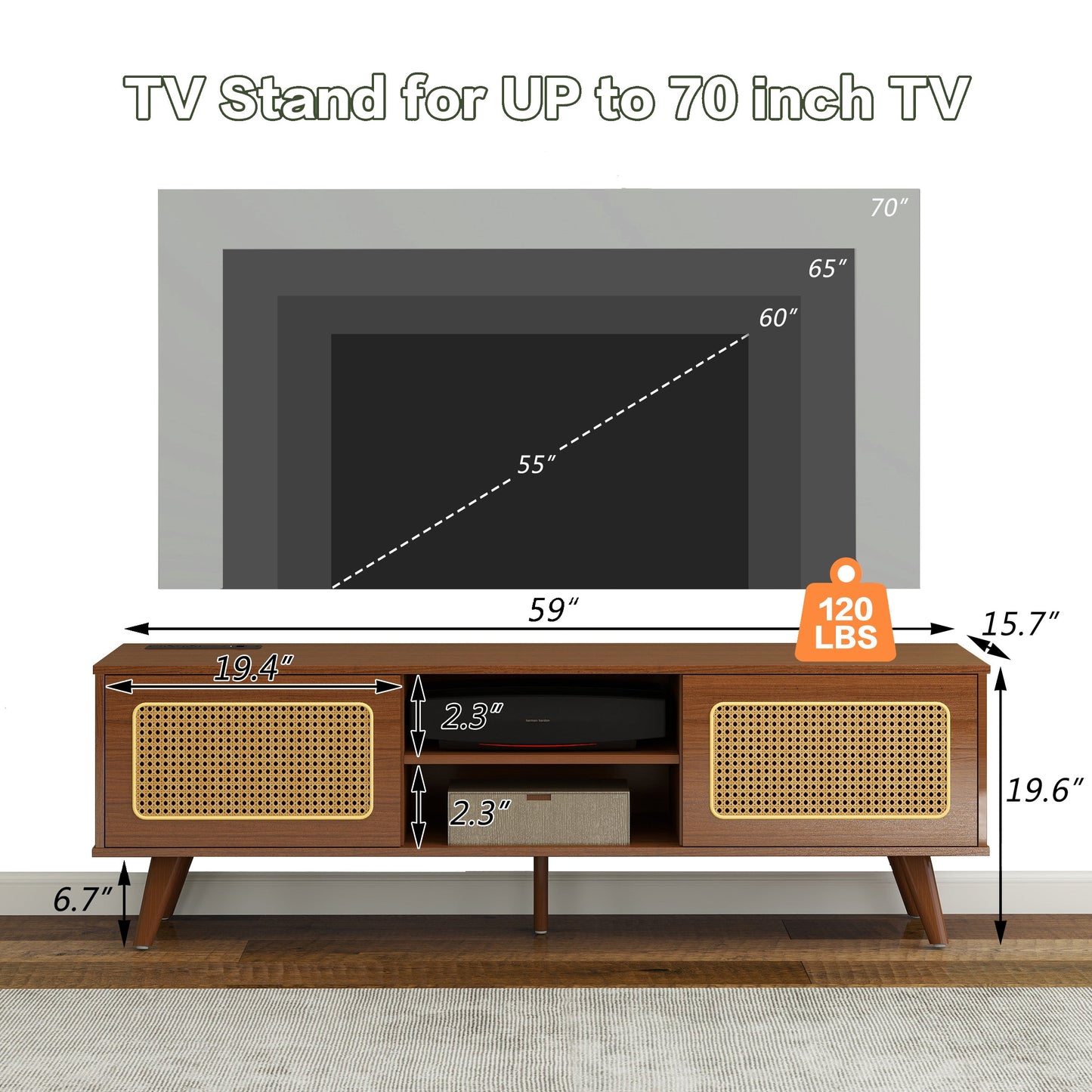 Mid Century Modern Rattan TV Stand for 55/60/65 inch TV , Entertainment Cabinet, Media Console for Living Room Bedroom Media Room, Solid Wood Feet & Rattan Cabinet Doors (Walnut, 59')