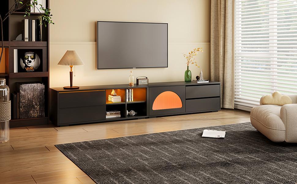 ON-TREND Modern TV Stand with Fluted Glass Door for TVs Up to 100', Media Console with Sliding Door & 2 Drawers, Free-Combination Entertainment Center with LED Light for Living Room, Bedroom, Black