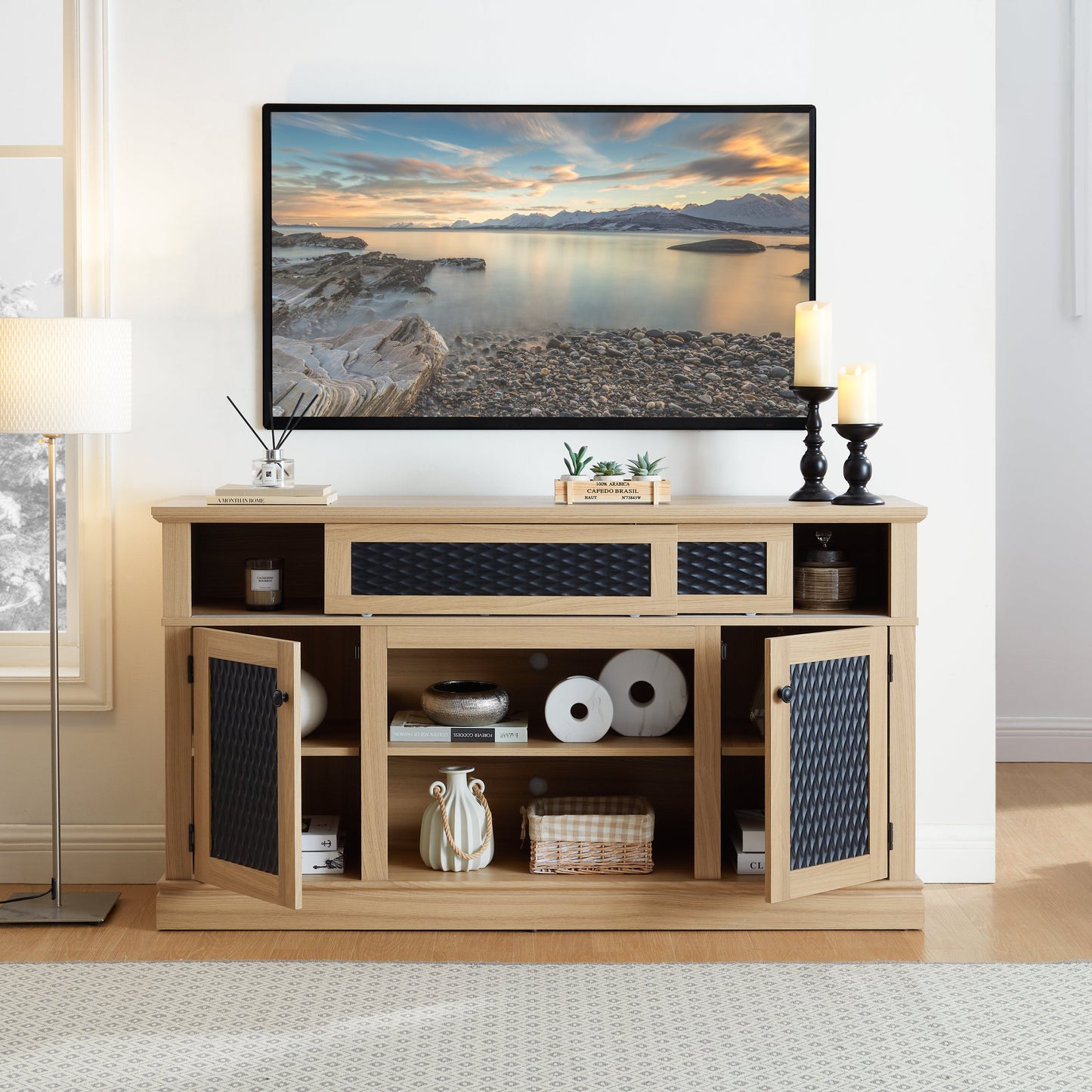 Embossed Pattern TV Stand, TV and Media Console with Open and Closed Storage Space and sliding door for Living Room & Bedroom, LIGHT OAK, 58.27'W*15.35'W*31.7H