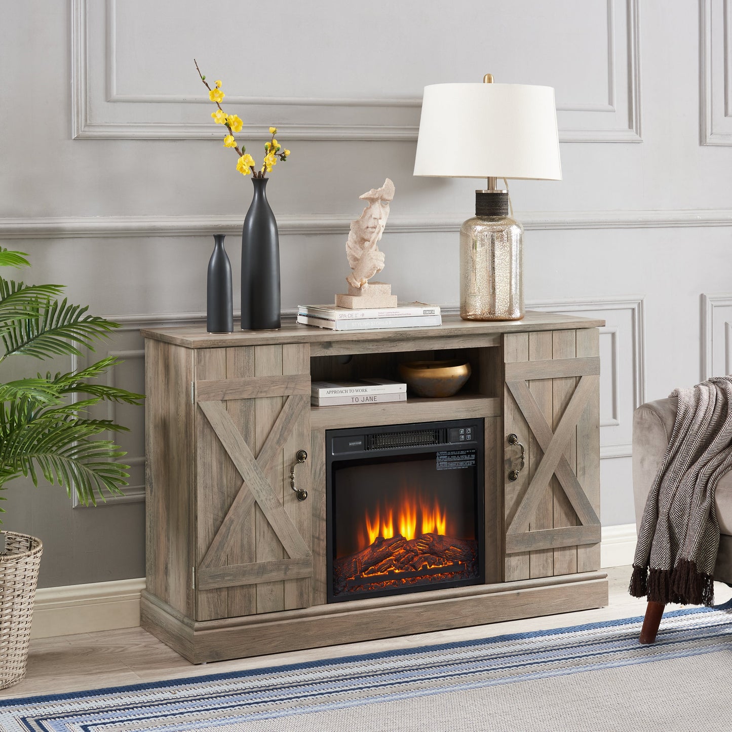 American retro Farmhouse Classic Media TV Stand Antique Entertainment Console with 18' Electric Fireplace Insert for TV up to 50' with Open and Closed Storage Space, Gray Wash 47'W*15.5'D*30.75'H