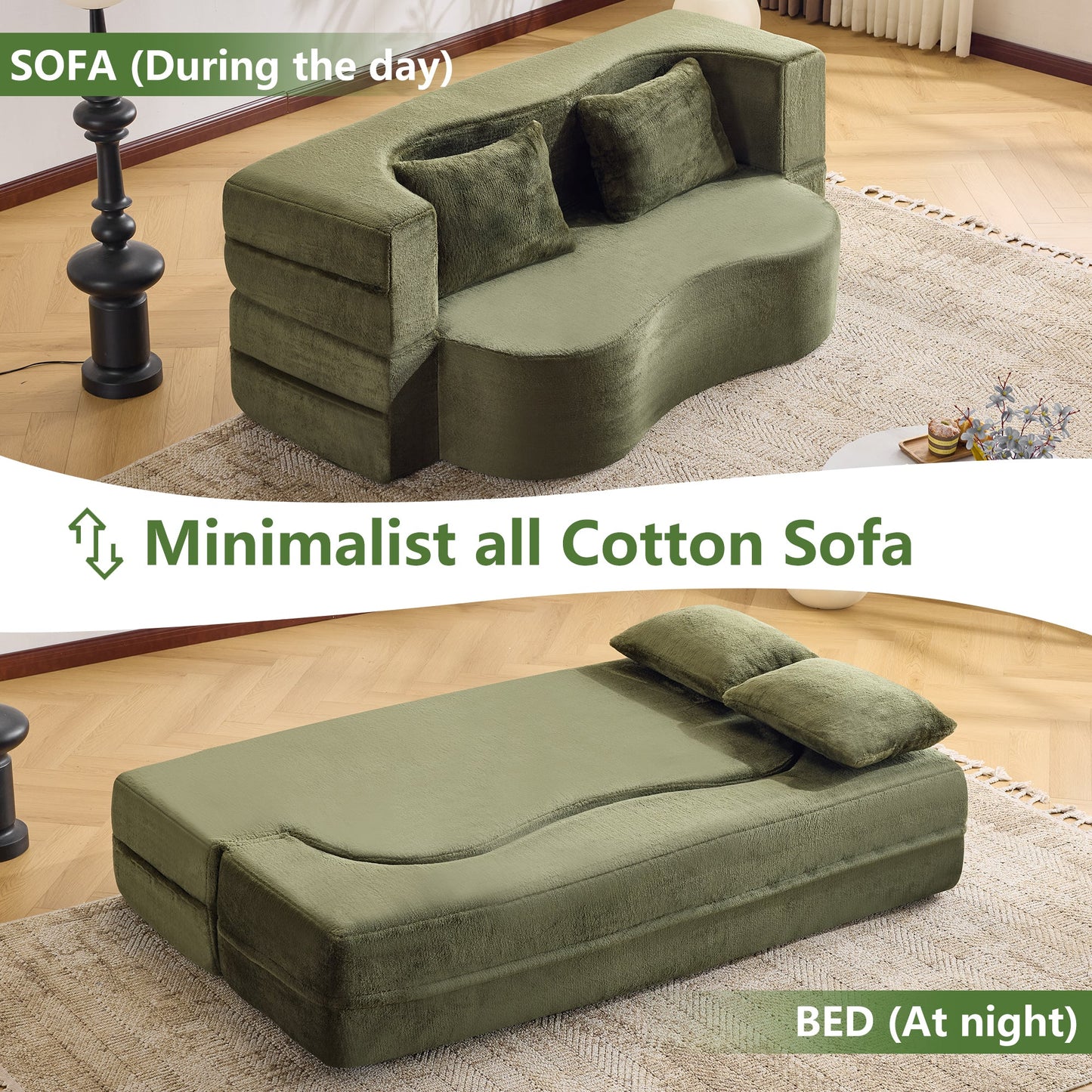 71-inch folding sofa bed, plush futon sofa bed, high-density foam convertible sofa bed, folding floor sofa bed for living room, guest room, bedroom, green