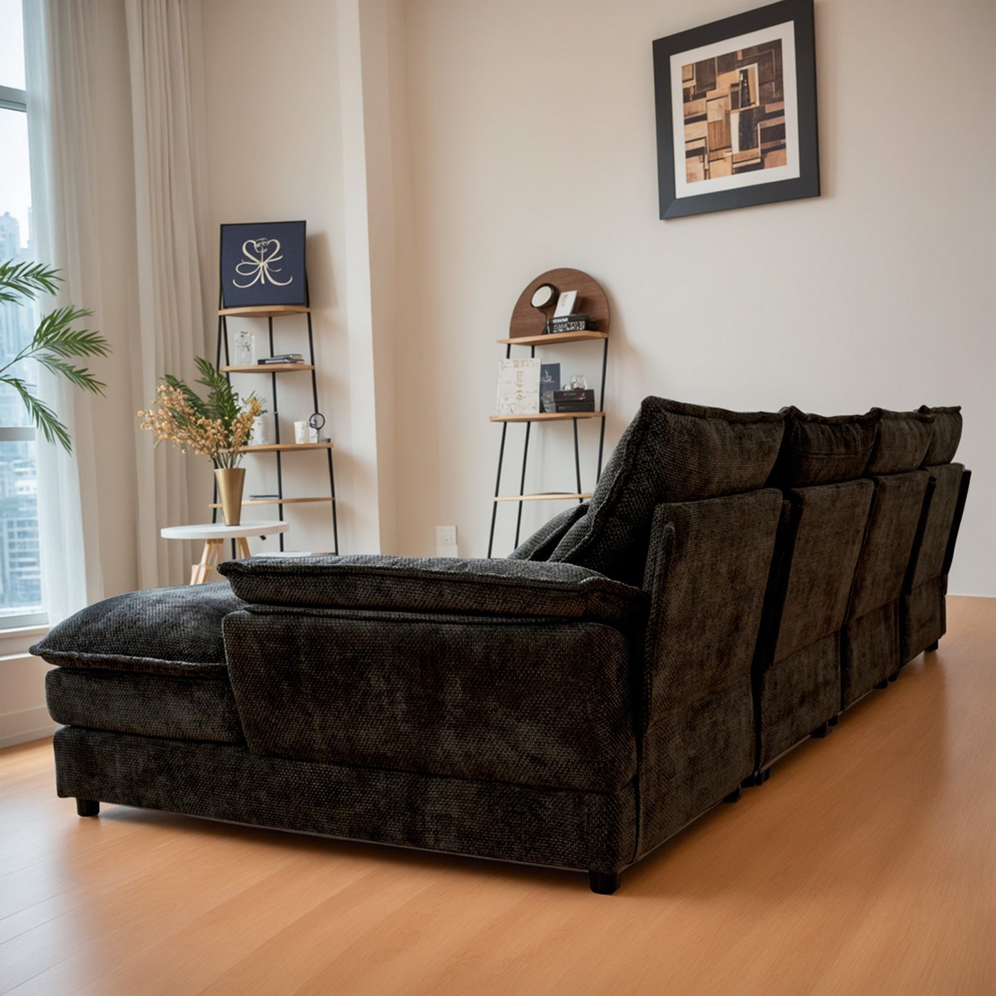 110' Modular Sectional Sofa Cloud Couch with Double Chaise Lounge , U Shaped Chenille Upholstered Leisure Sofa&Couches with Memory Foam and Waist Pillows for Living Room Office,Black.