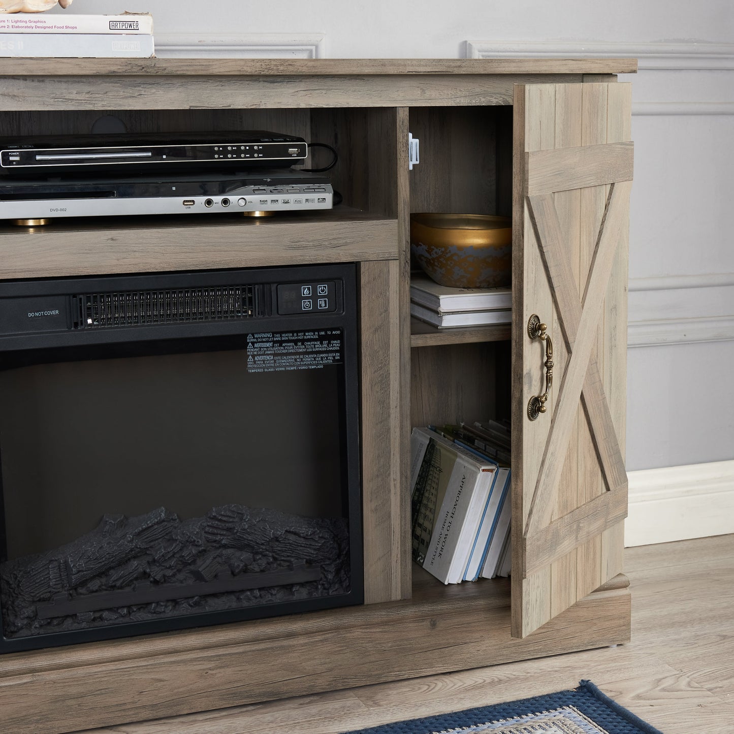 American retro Farmhouse Classic Media TV Stand Antique Entertainment Console with 18' Electric Fireplace Insert for TV up to 50' with Open and Closed Storage Space, Gray Wash 47'W*15.5'D*30.75'H