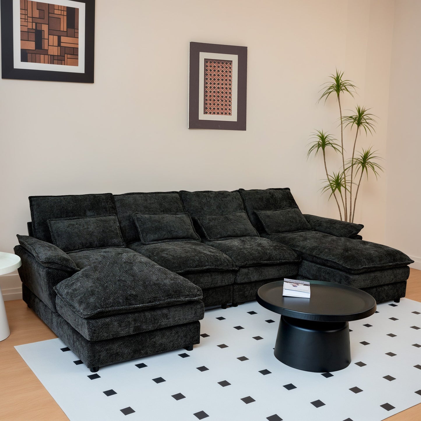 110' Modular Sectional Sofa Cloud Couch with Double Chaise Lounge , U Shaped Chenille Upholstered Leisure Sofa&Couches with Memory Foam and Waist Pillows for Living Room Office,Black.