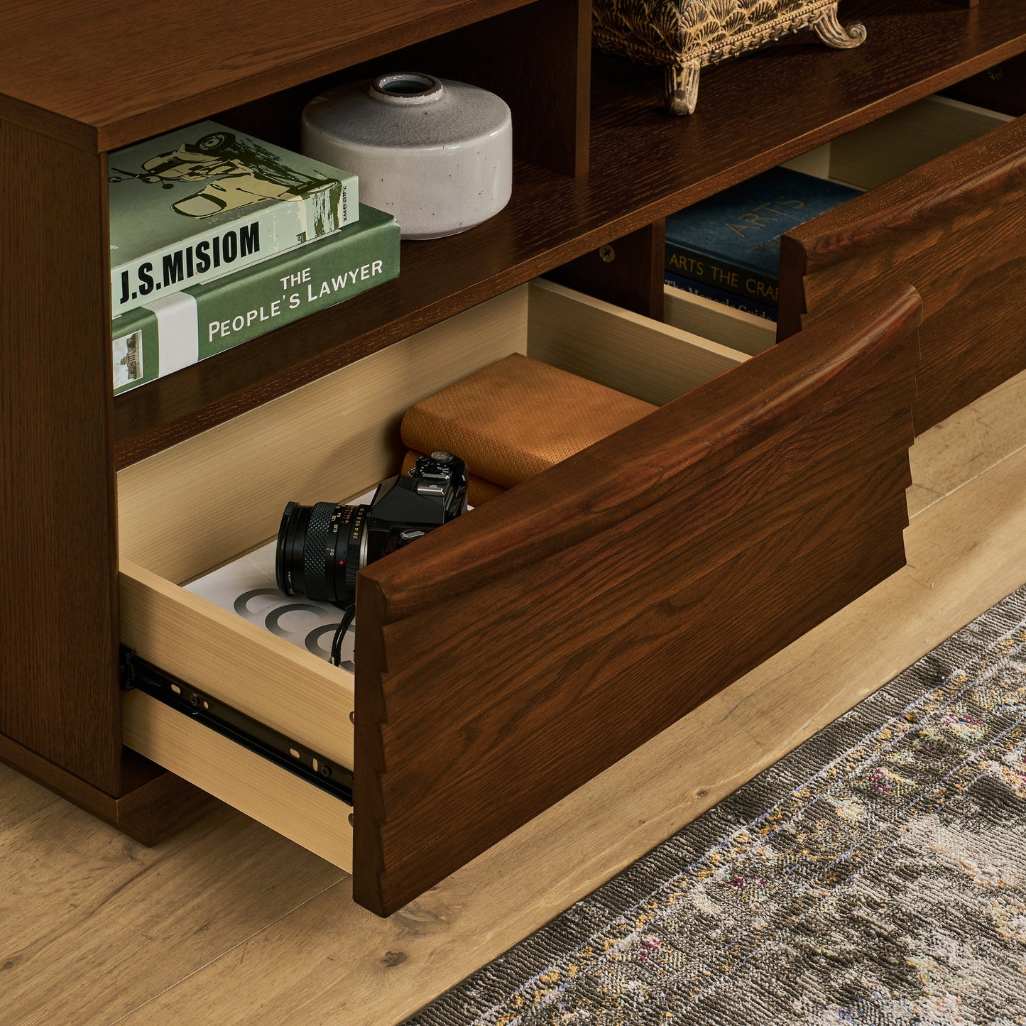 63' Mid-Century Modern TV Stand for TVs up to 75', Thick Sturdy Farmhouse Entertainment Cabinet, Media Console for Living Room, Louver Design & Solid Wood Drawers & Outlet Holes, Walnut