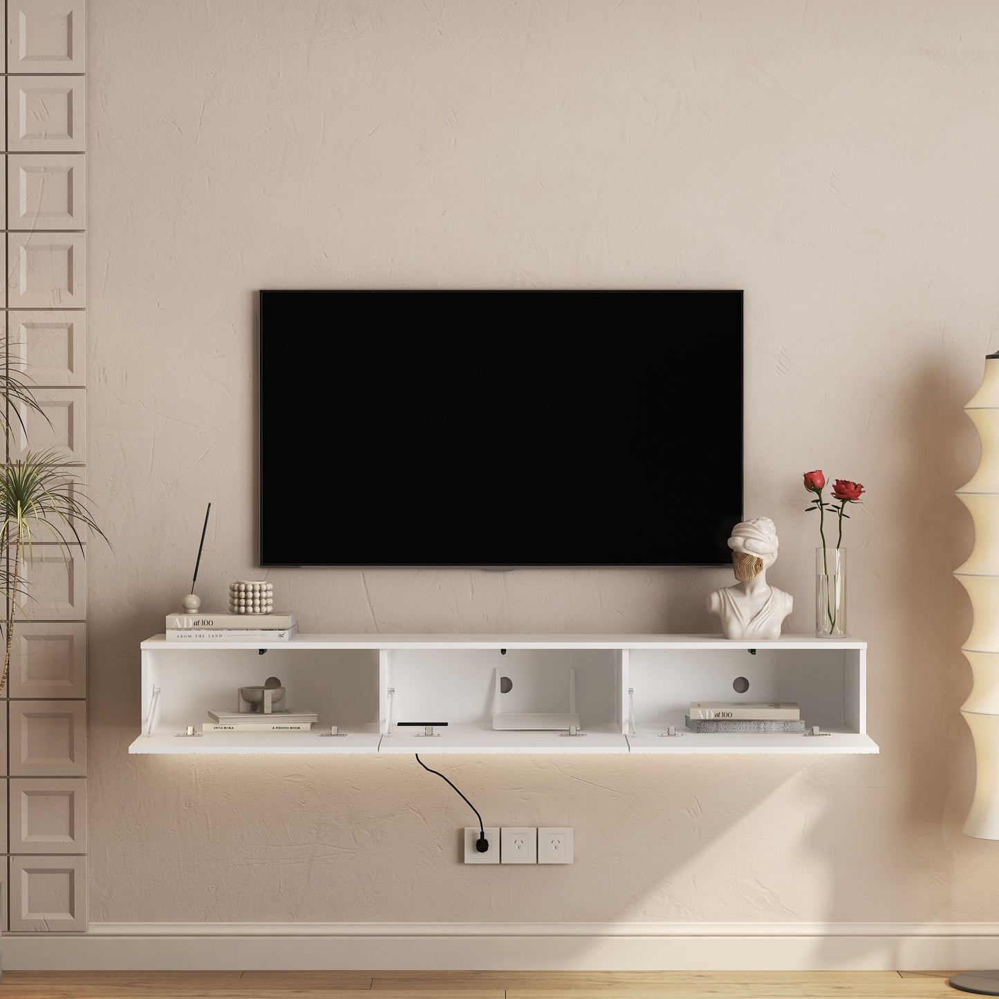 Floating TV Stand Wall Mounted with 16 Color LEDs,67' Modern TV Stand, Floating TV Cabinet Entertainment Center for 55 60 65 Inch TV,White