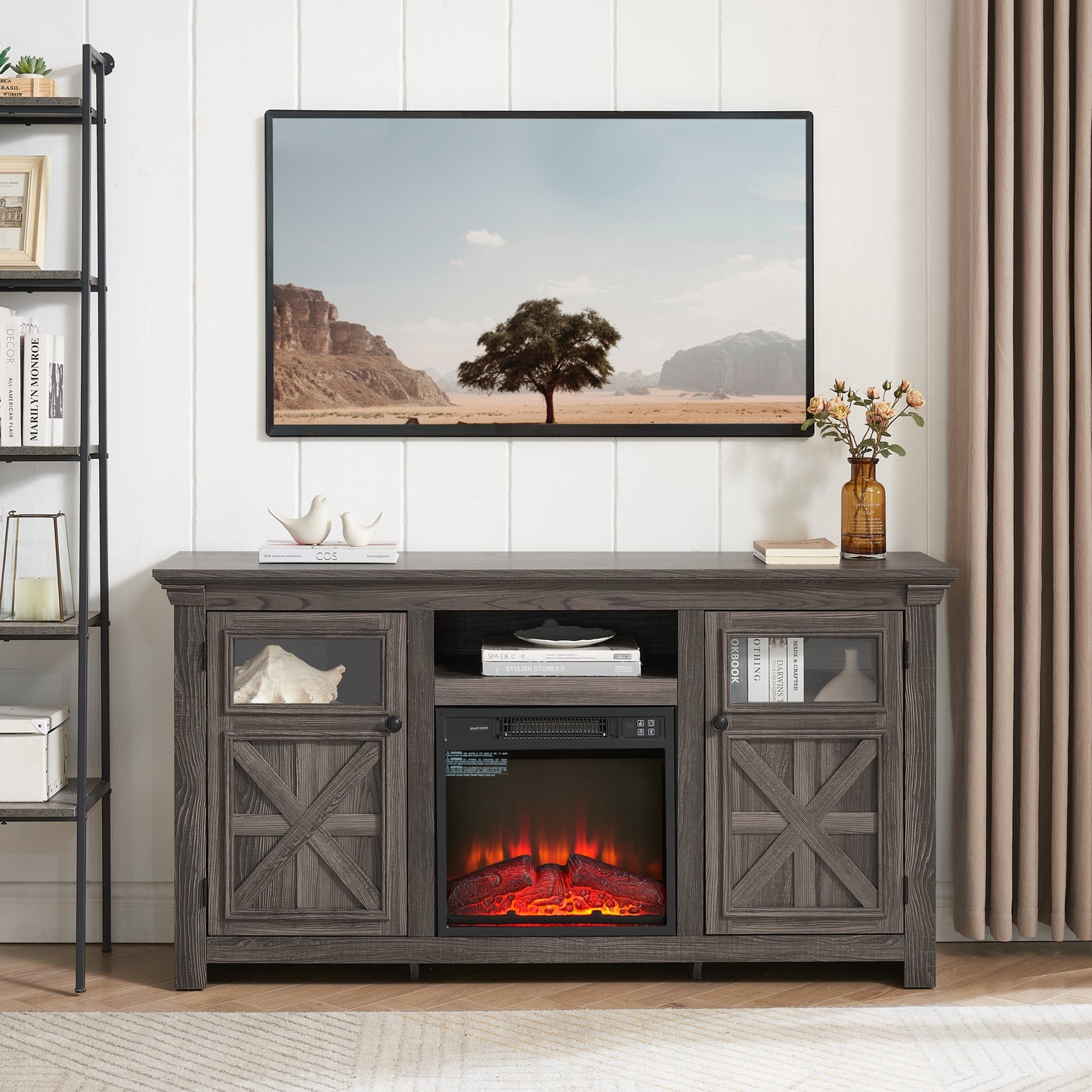 2 Doors Cabinet Farmhouse Cabinet, Farmhouse TV Stand Barn Design,Farmhouse TV Media Stand, Large Barn Inspired Home Entertainment Console with 18' fireplace insert,GREY, 60.23'W*15.35'D*31.7'H