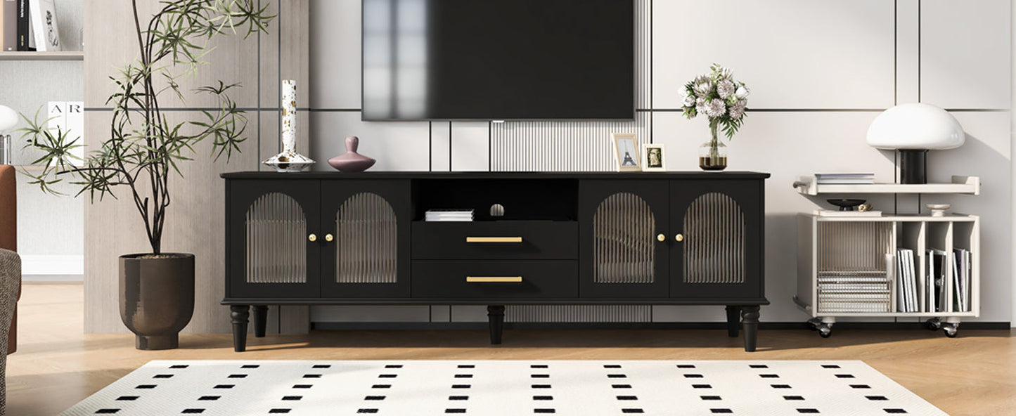 U-Can 68.9'' Retro TV Stand for TVs up to 75 Inches, Entertainment Center Media Console with Fluted Glass Doors and Five Solid Wood Legs for Living room(OLD SKU:N724P198468B)
