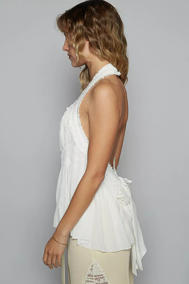 POL Backless Halter Sleeveless Top with Smocking Shirring Detail - Lee's Retail