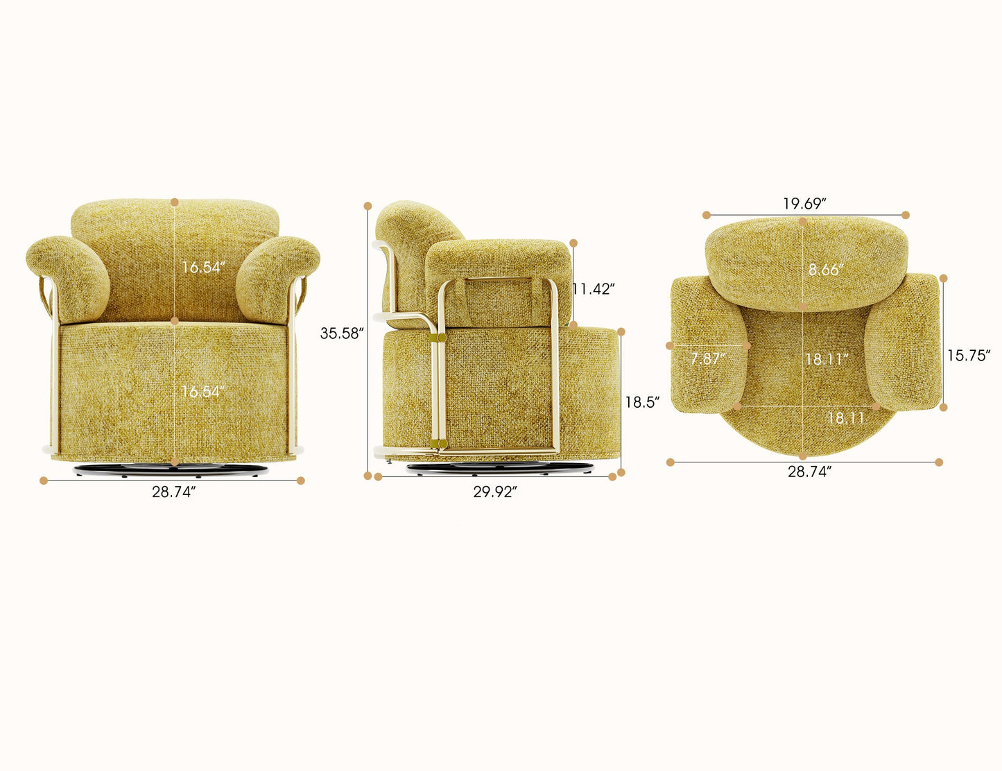 360 Degree Barrel Swivel Accent Sofa Chair,Fluffy Fabric Lounge Wide Upholstered Reading Chair with Gold Metal Legs, Comfortable Round Armchair for Living Room,Bedroom,Office(Yellow)