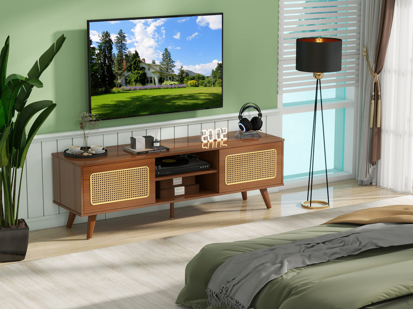 Mid Century Modern Rattan TV Stand for 55/60/65 inch TV , Entertainment Cabinet, Media Console for Living Room Bedroom Media Room, Solid Wood Feet & Rattan Cabinet Doors (Walnut, 59')