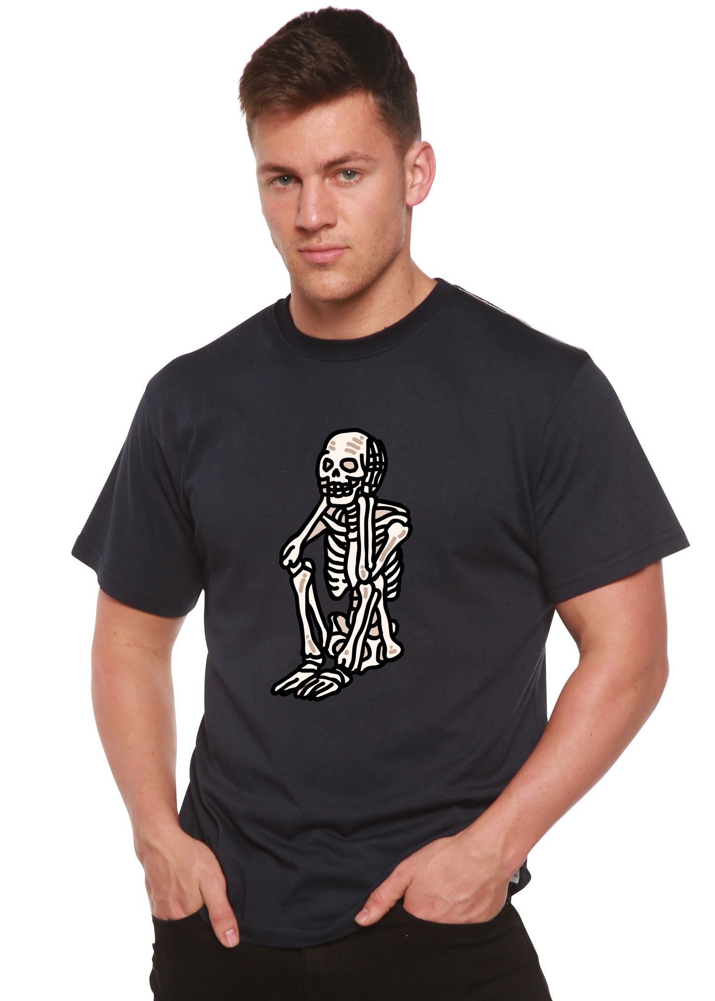 Sad Skeleton Halloween Unisex Bamboo Viscose/Organic Cotton Short Sleeve Graphic T-Shirt