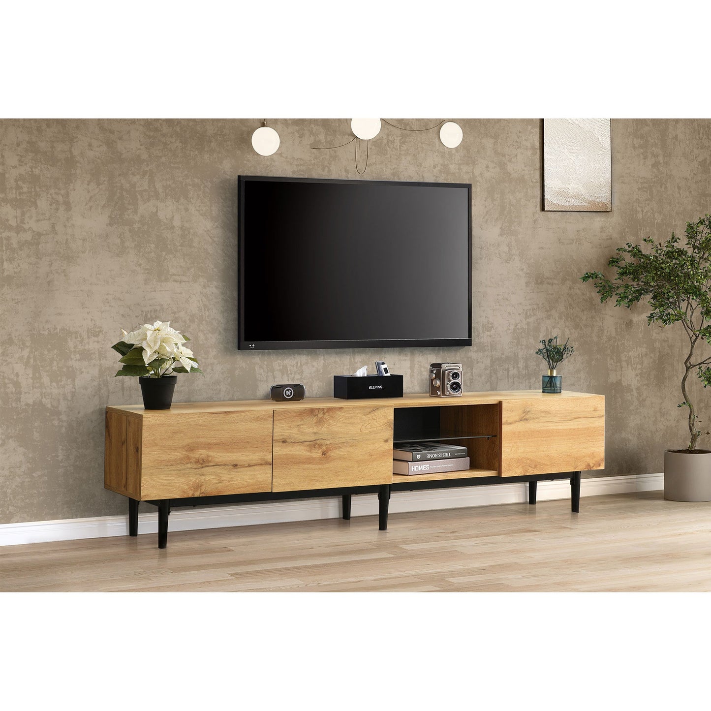 Modern TV Stand with 4 Cabinets& Open Shelves, Color-matching Media Console Table for TVs up to 80'' with LED Light, Entertainment Center with Drop Down Door for Living Room, Bedroom, Home Theatre