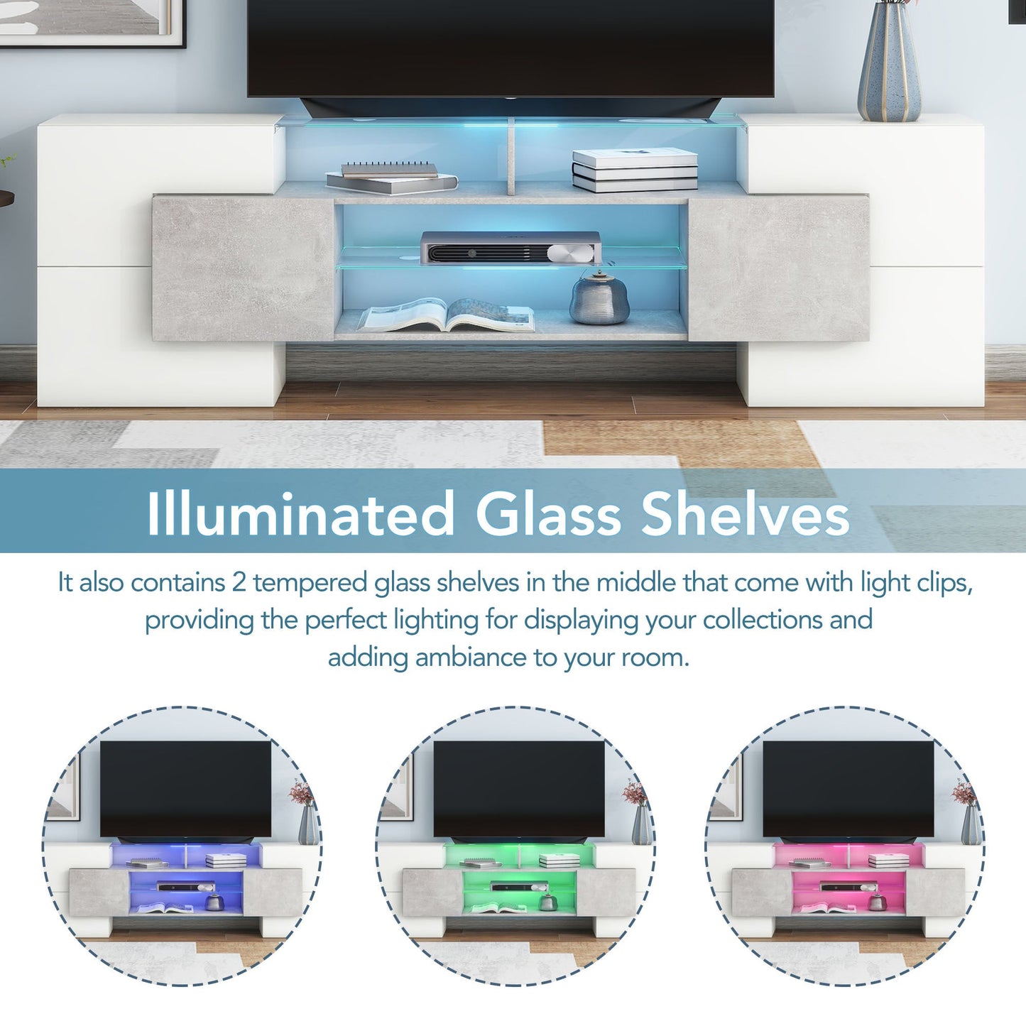 ON-TREND Unique Shape TV Stand with 2 Illuminated Glass Shelves, High Gloss Entertainment Center for TVs Up to 88', Versatile TV Cabinet with LED Color Changing Lights for Living Room, Grey
