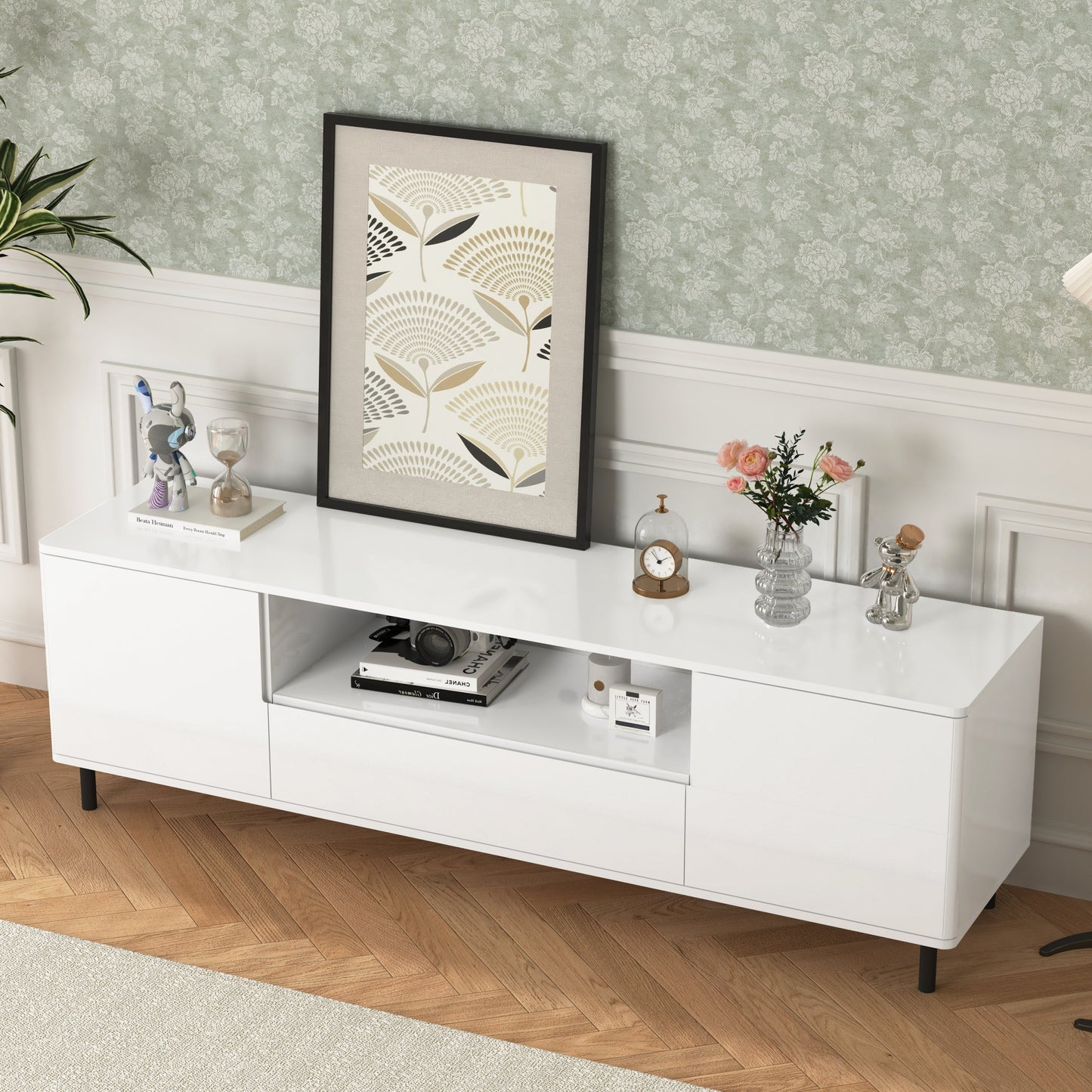 High Gloss Panel Modern TV Console, TV Stand, Entertainment Center with Storage Shelves,TV Cabinet for Living Room, Bedroom, Cloud White 63x15.74x19.68 inch