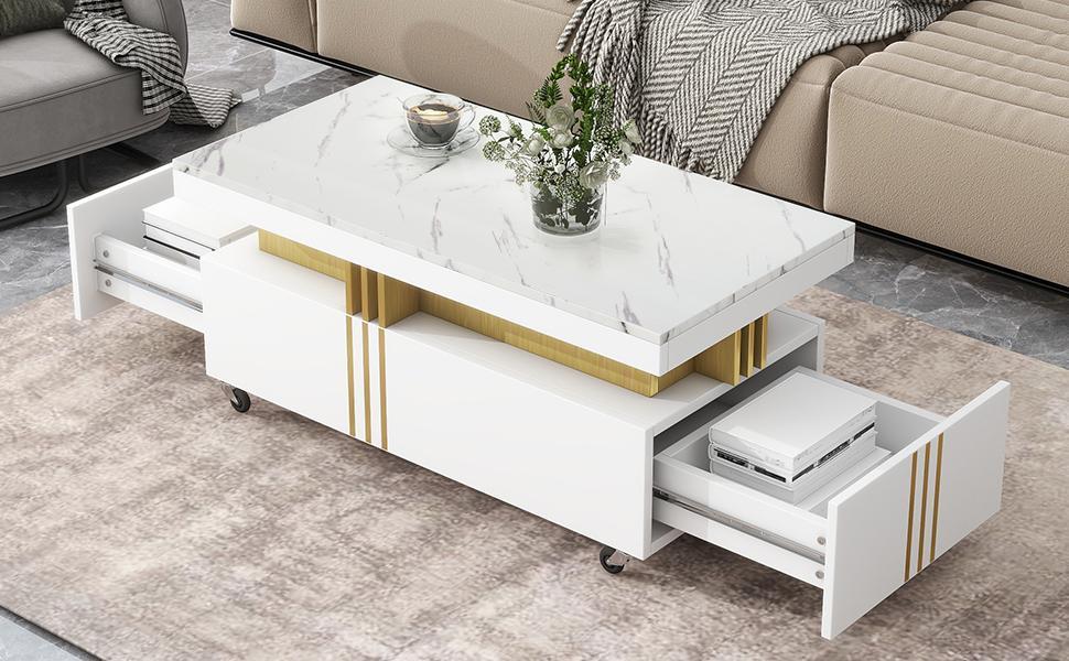 ON-TREND Contemporary Coffee Table with Faux Marble Top, Rectangle Cocktail Table with Caster Wheels, Moderate Luxury Center Table with Gold Metal Bars for Living Room, White
