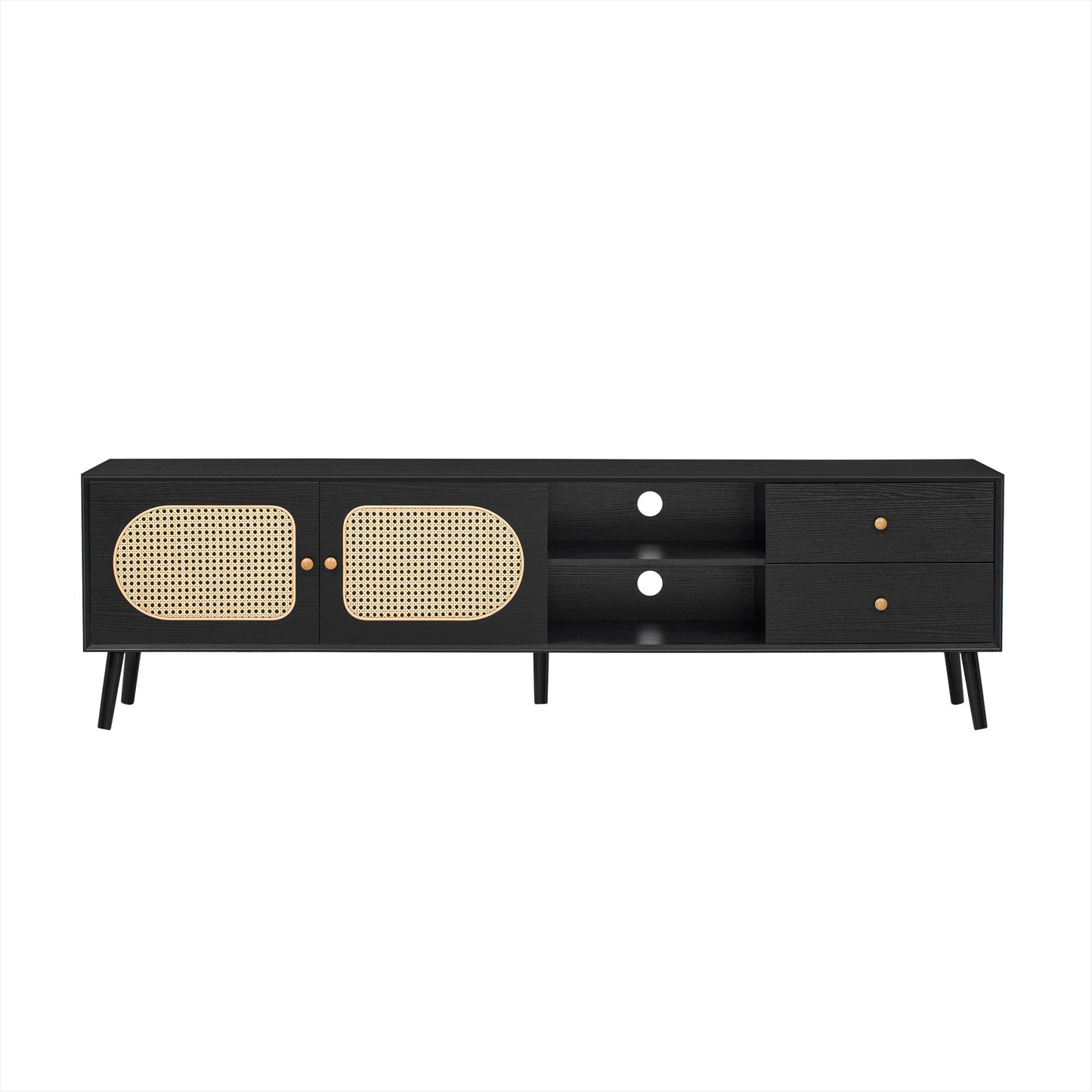 70' TV Stand for TVs up to 80 Inches, Mid Century Modern Entertainment Center with Rattan Doors, 2 Drawers, and Open Shelf, Television Stand for Living Room