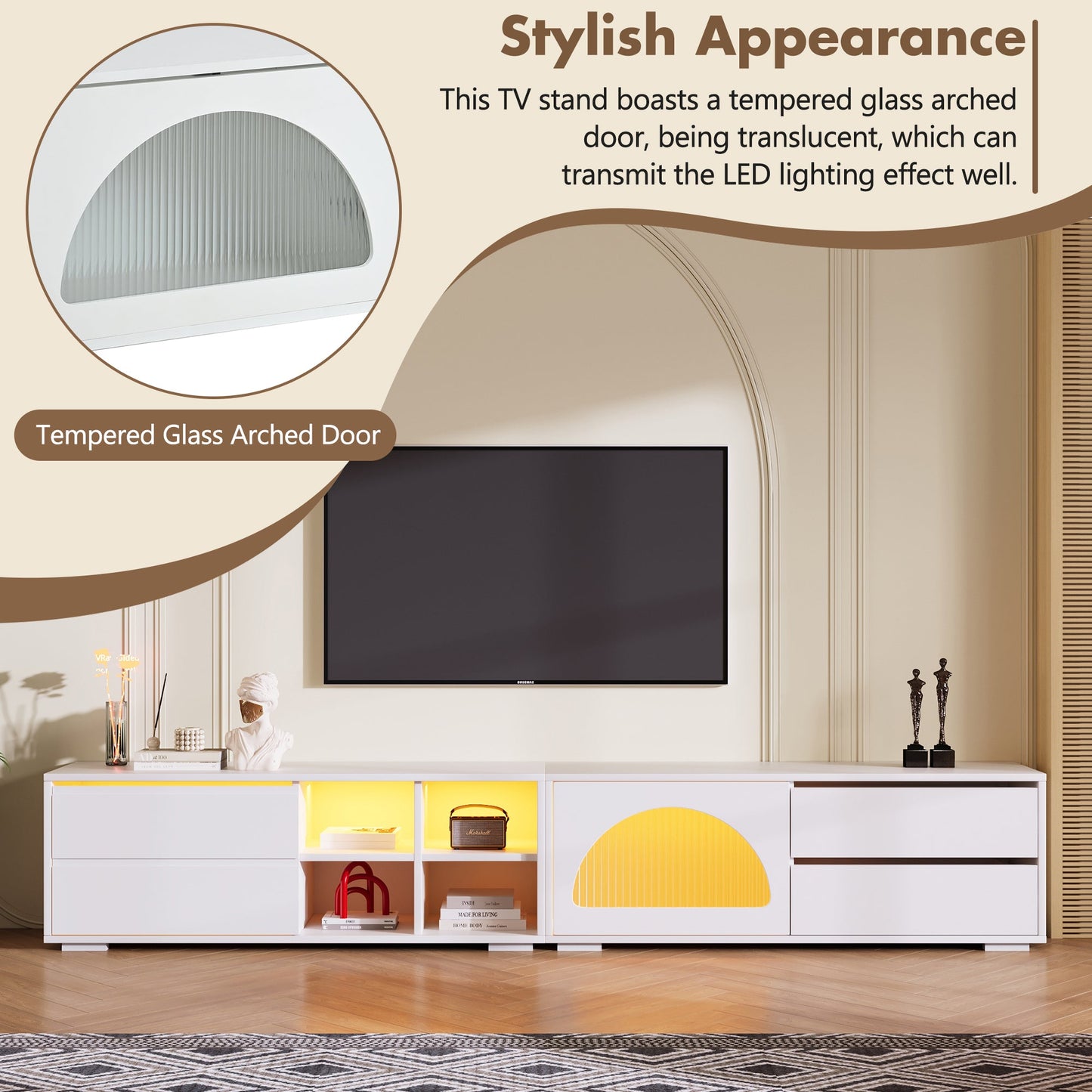 ON-TREND Modern TV Stand with Fluted Glass Door for TVs Up to 100', Media Console with Sliding Door & 2 Drawers, Free-Combination Entertainment Center with LED Light for Living Room, Bedroom, White