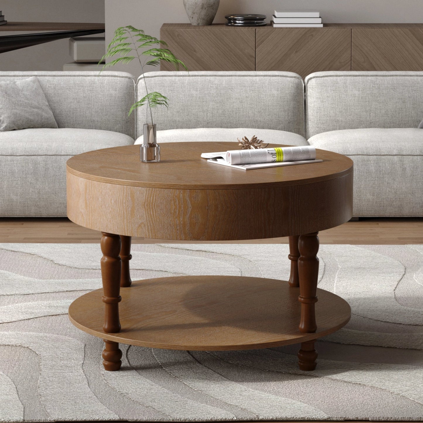 Coffee Table with Dual Storage for Living Room, 31.5' Modern Round Coffee Table with Storage and Hidden Compartment, Adjustable Leveling Feet, Easy Assembly (Walnut)