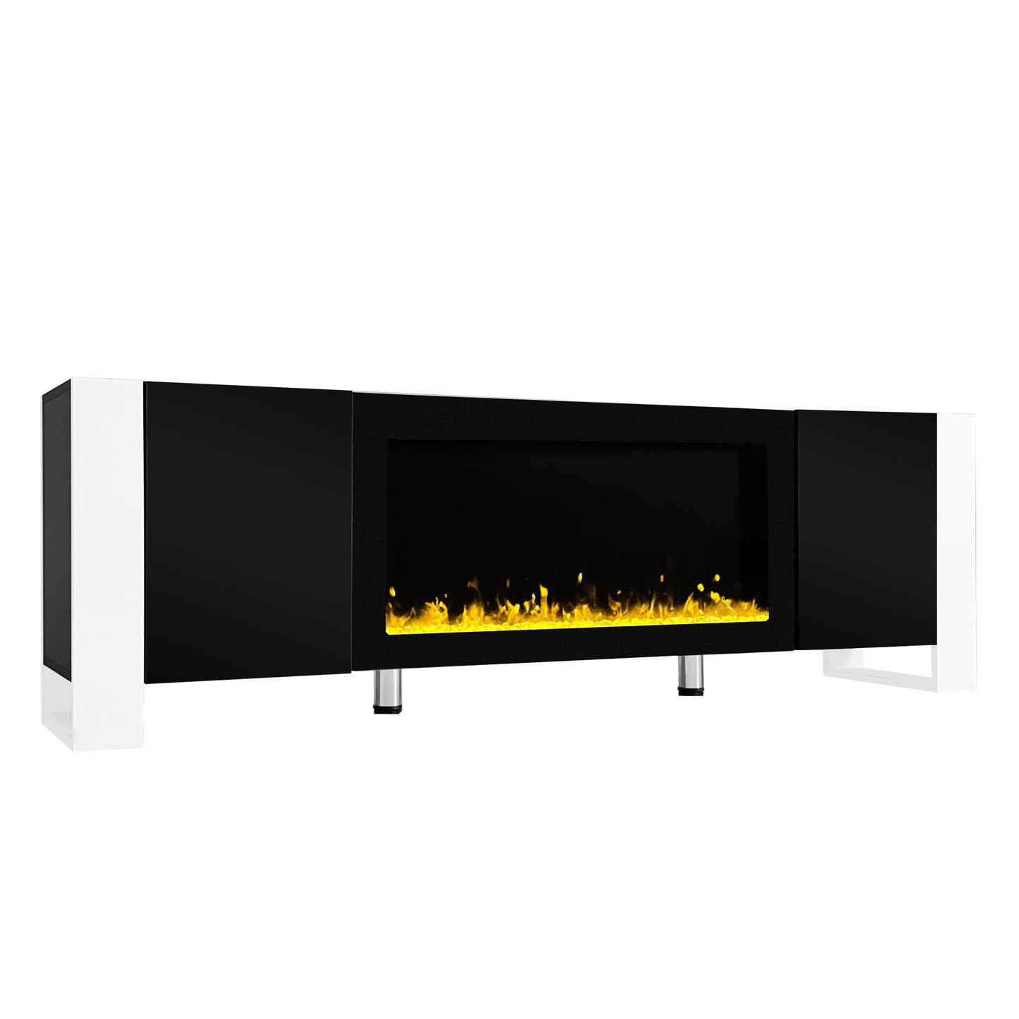 ON-TREND Modern TV Stand with 34.2' Non-heating Electric Fireplace, High Gloss Entertainment Center with 2 Cabinets, Media Console for TVs up to 78', Black