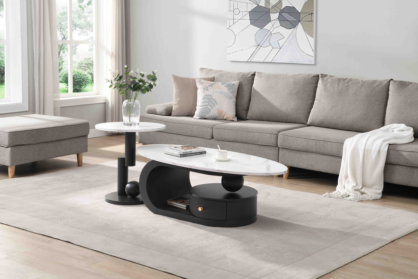 Modern Nesting Coffee Table Set of 2 End Table for Living Room, Oval and Round Table Set