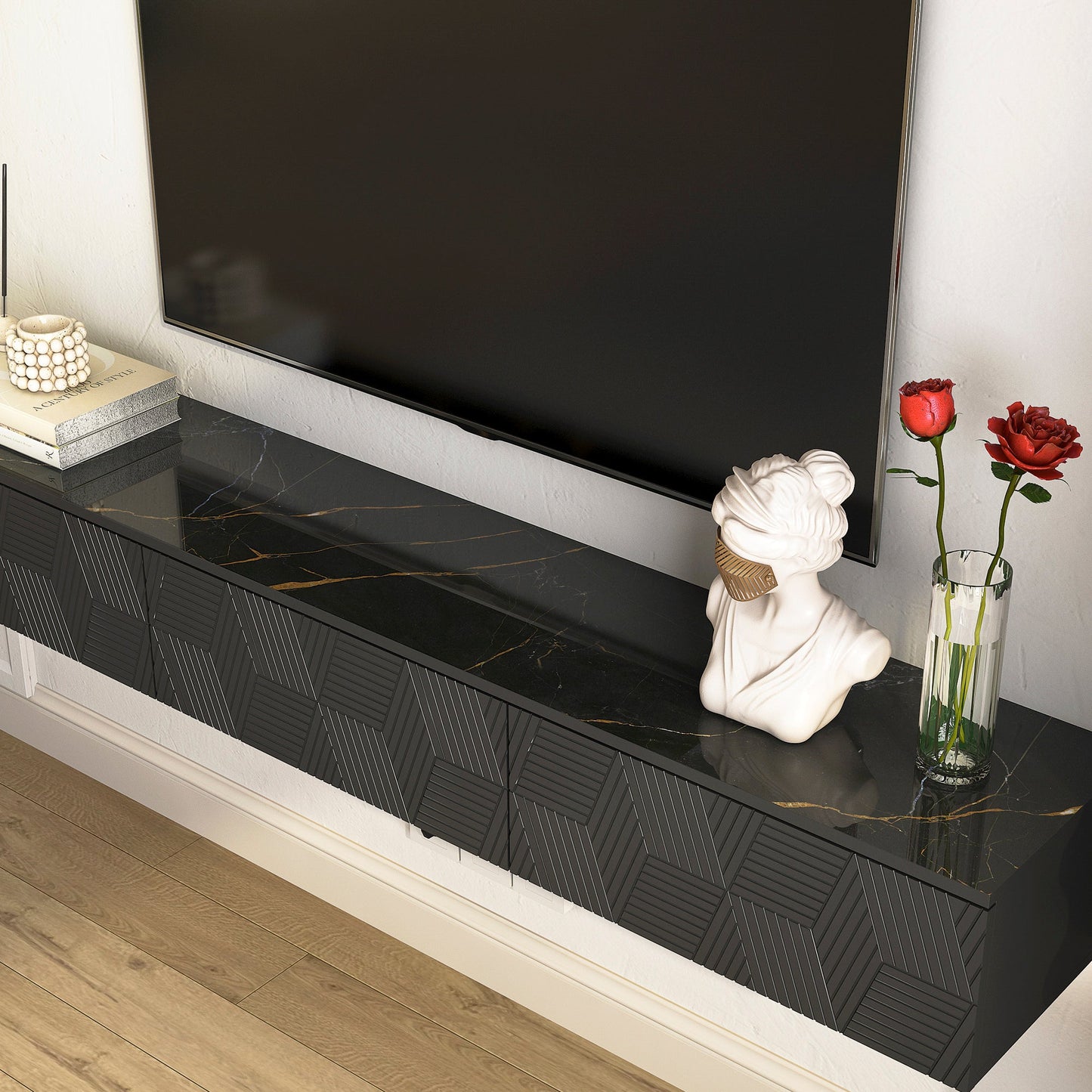 Floating TV Stand Wall Mounted with 16 Color LEDs,67' Modern TV Stand, Floating TV Cabinet Entertainment Center for 55 60 65 Inch TV,Black