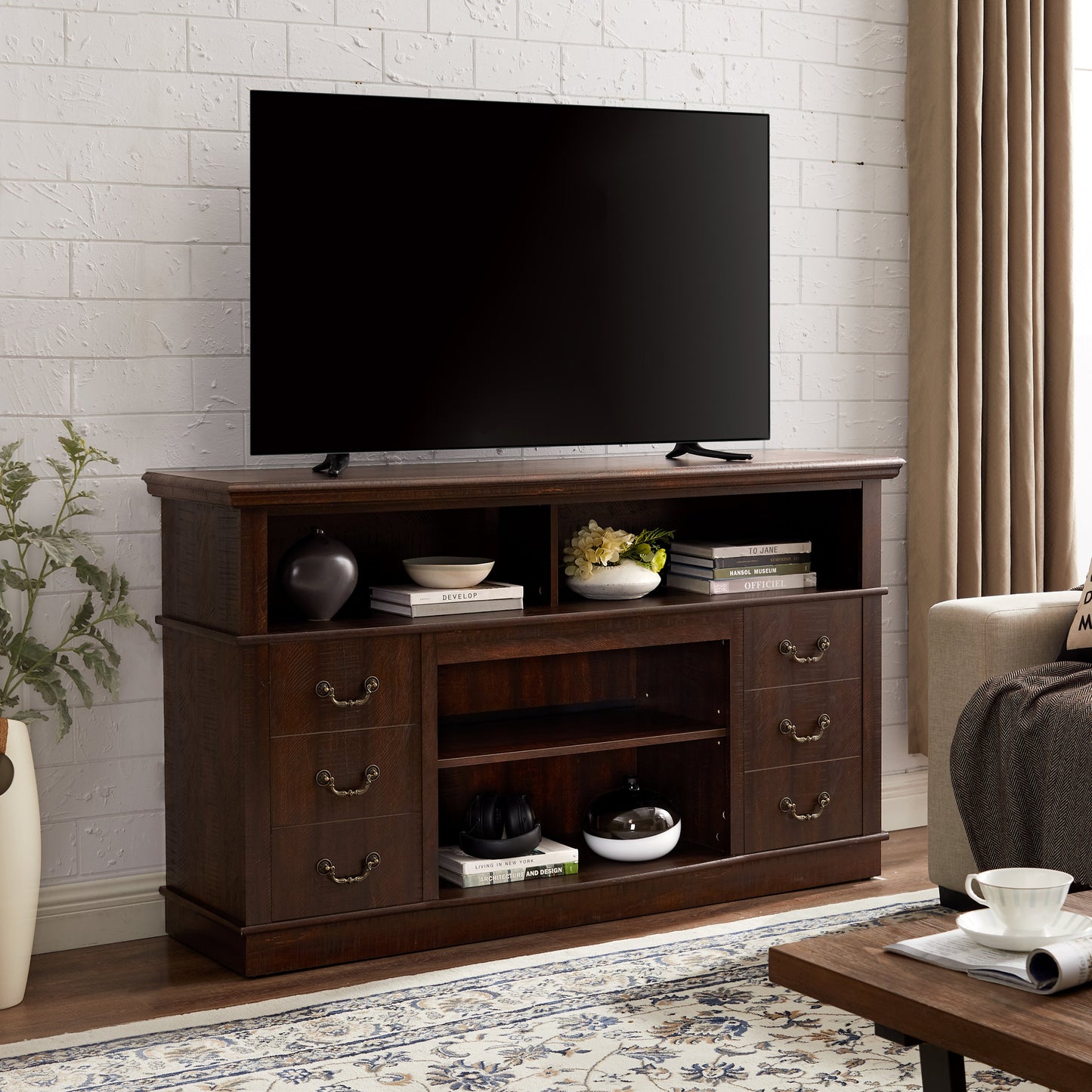 Traditional TV Media Stand Farmhouse Rustic Entertainment Console for TV Up to 65' with Open and Closed Storage Space, Espresso, 60'W*15.75'D*34.25'H