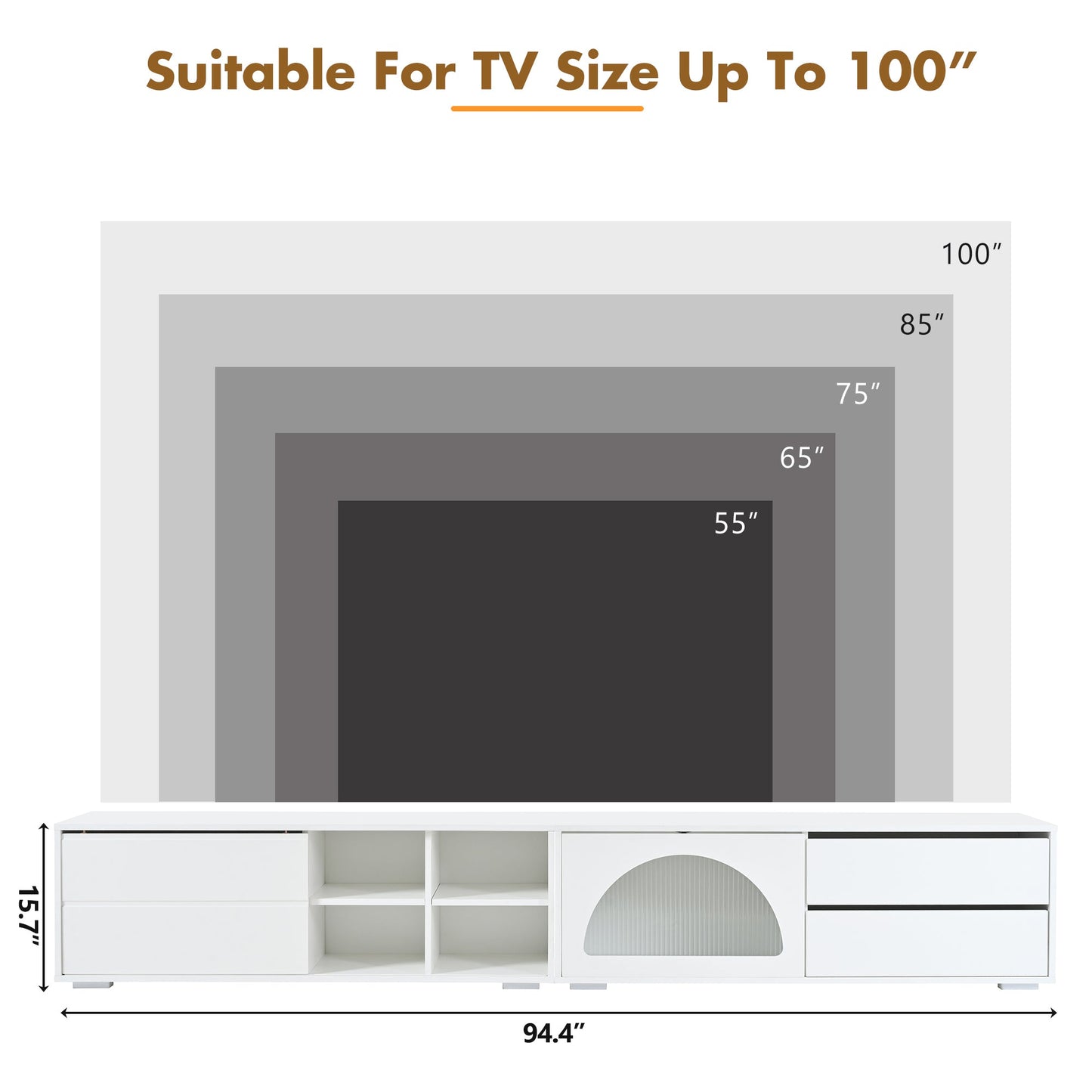 ON-TREND Modern TV Stand with Fluted Glass Door for TVs Up to 100', Media Console with Sliding Door & 2 Drawers, Free-Combination Entertainment Center with LED Light for Living Room, Bedroom, White