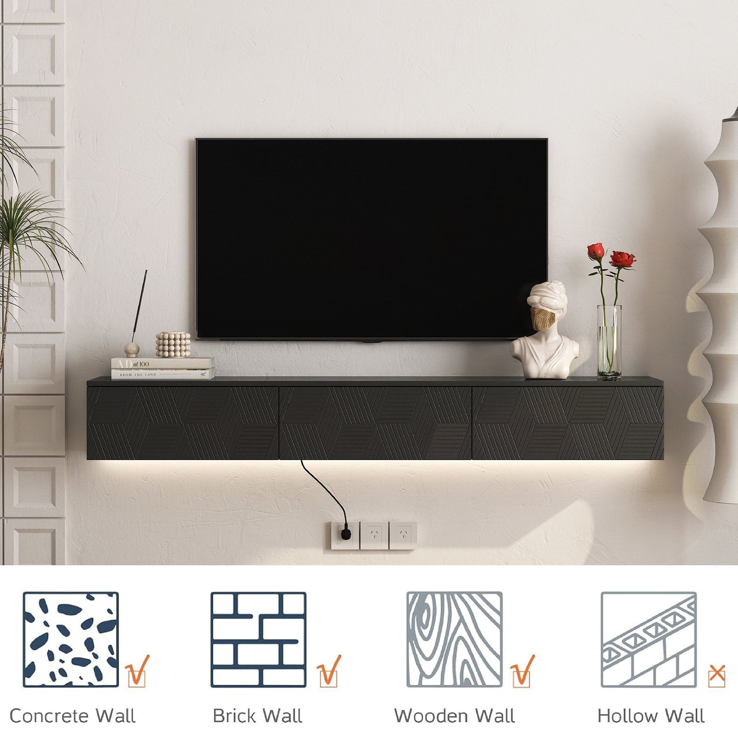 Floating TV Stand Wall Mounted with 16 Color LEDs,67' Modern TV Stand, Floating TV Cabinet Entertainment Center for 55 60 65 Inch TV,Black